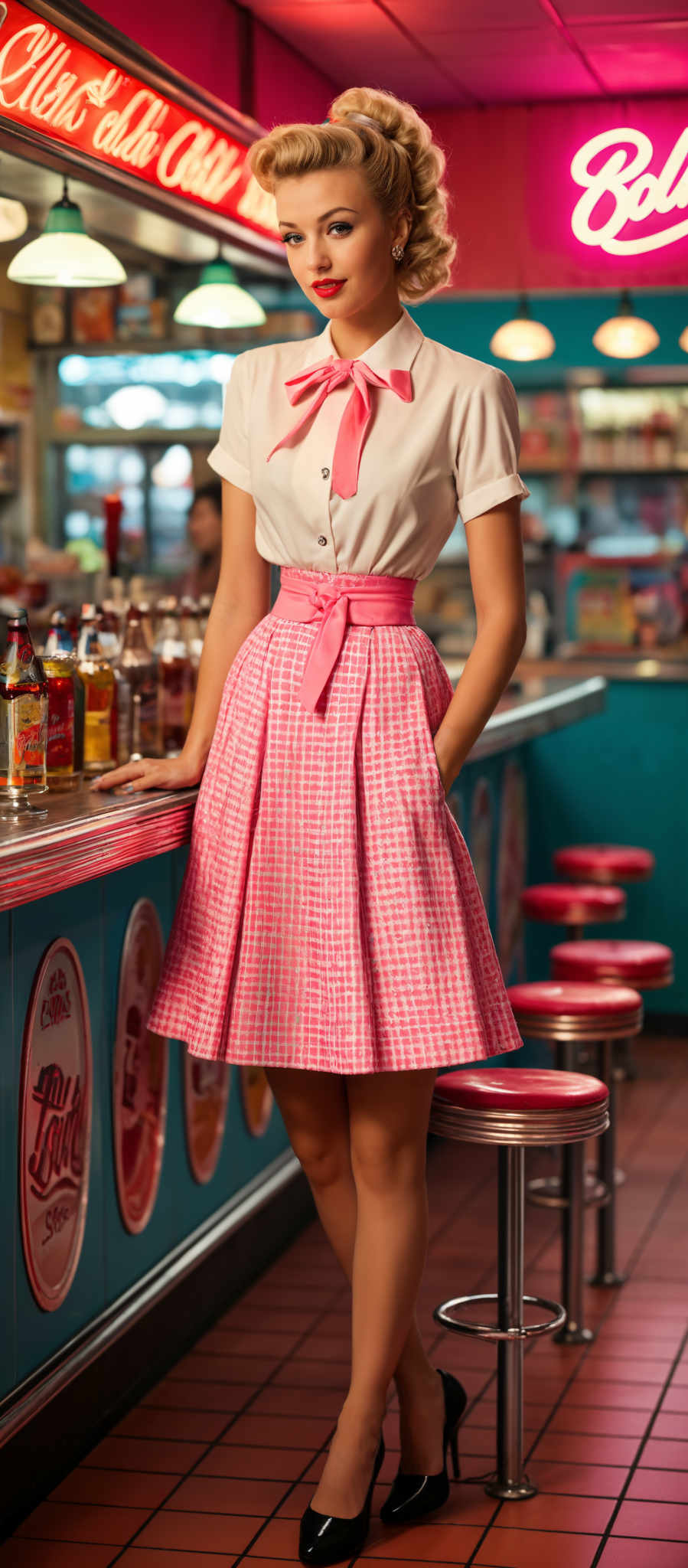 A woman in a pink and white checkered dress stands in front of a counter.