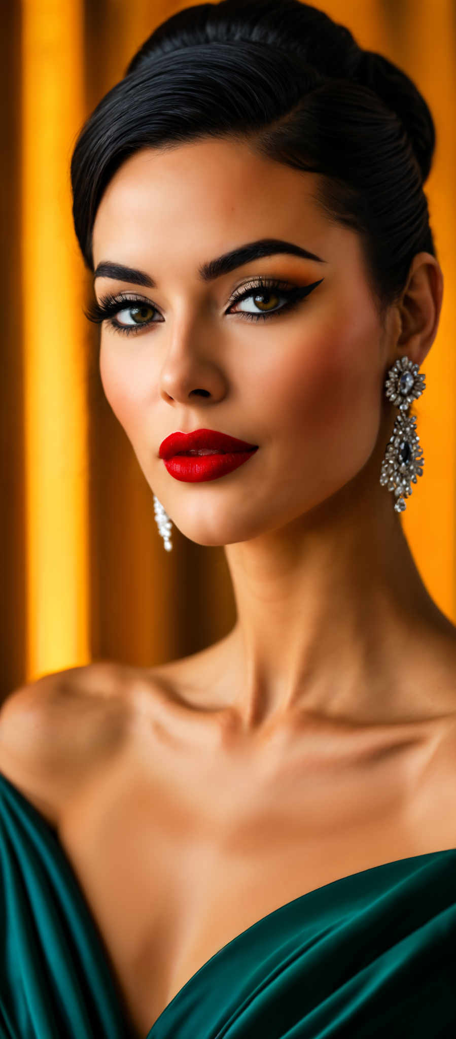 A woman with red lipstick and large earrings is wearing a black dress.