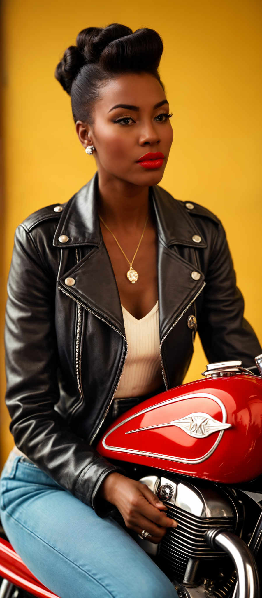 A woman in a black leather jacket and white shirt is sitting on a red motorcycle.