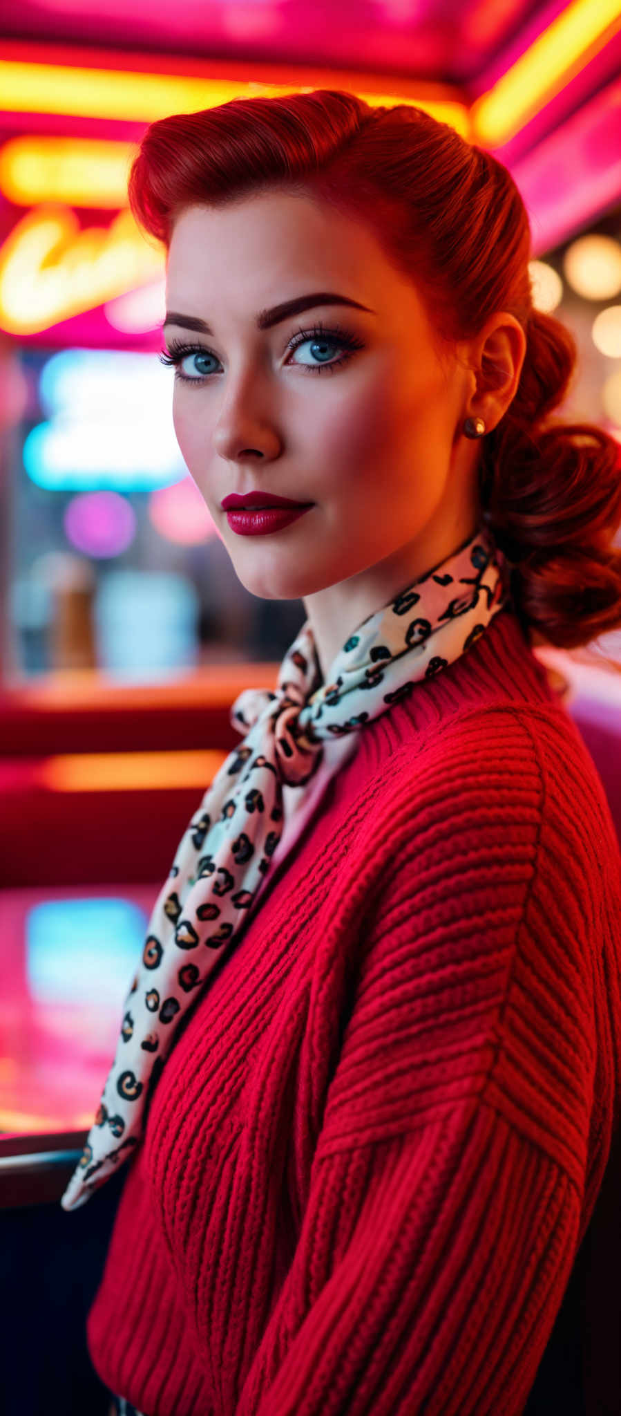 A woman with red lipstick and a leopard print scarf.