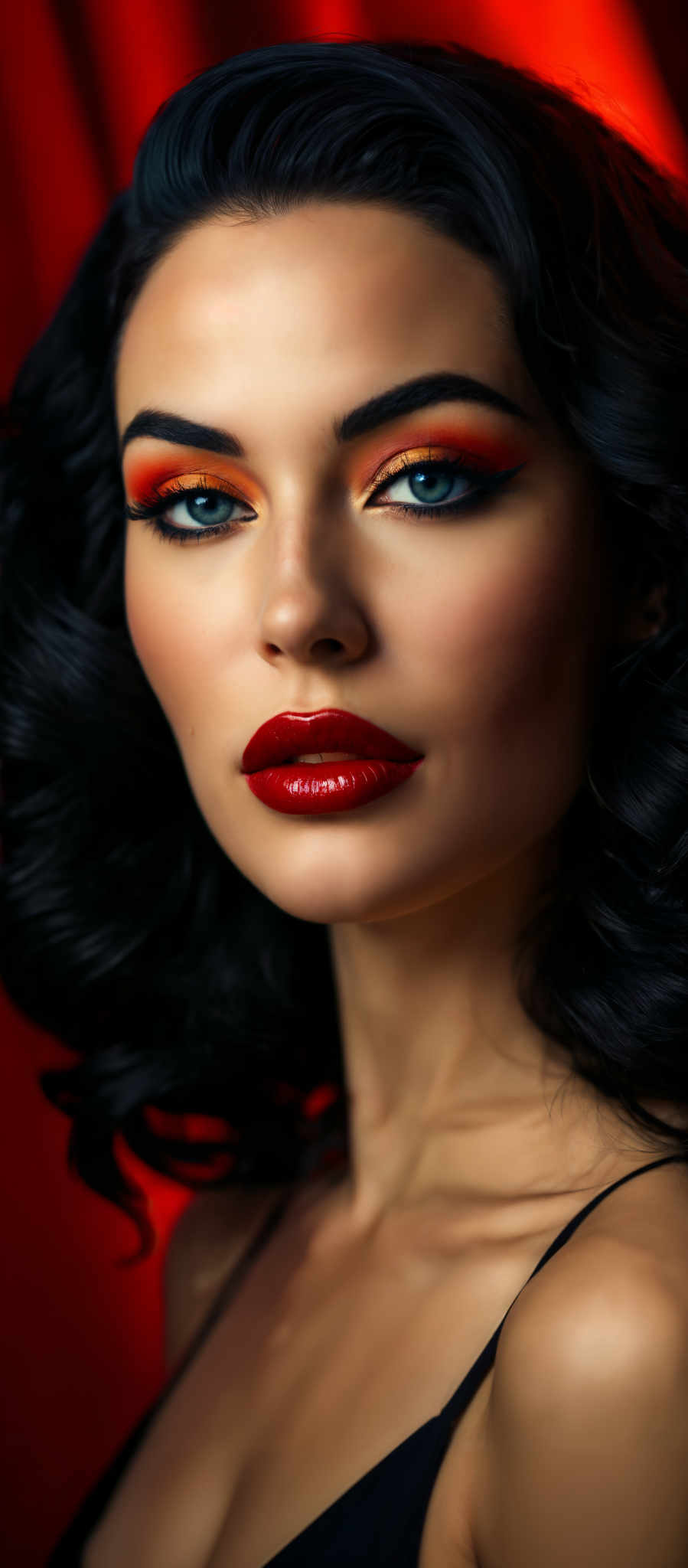 A woman with long black hair and red lipstick.