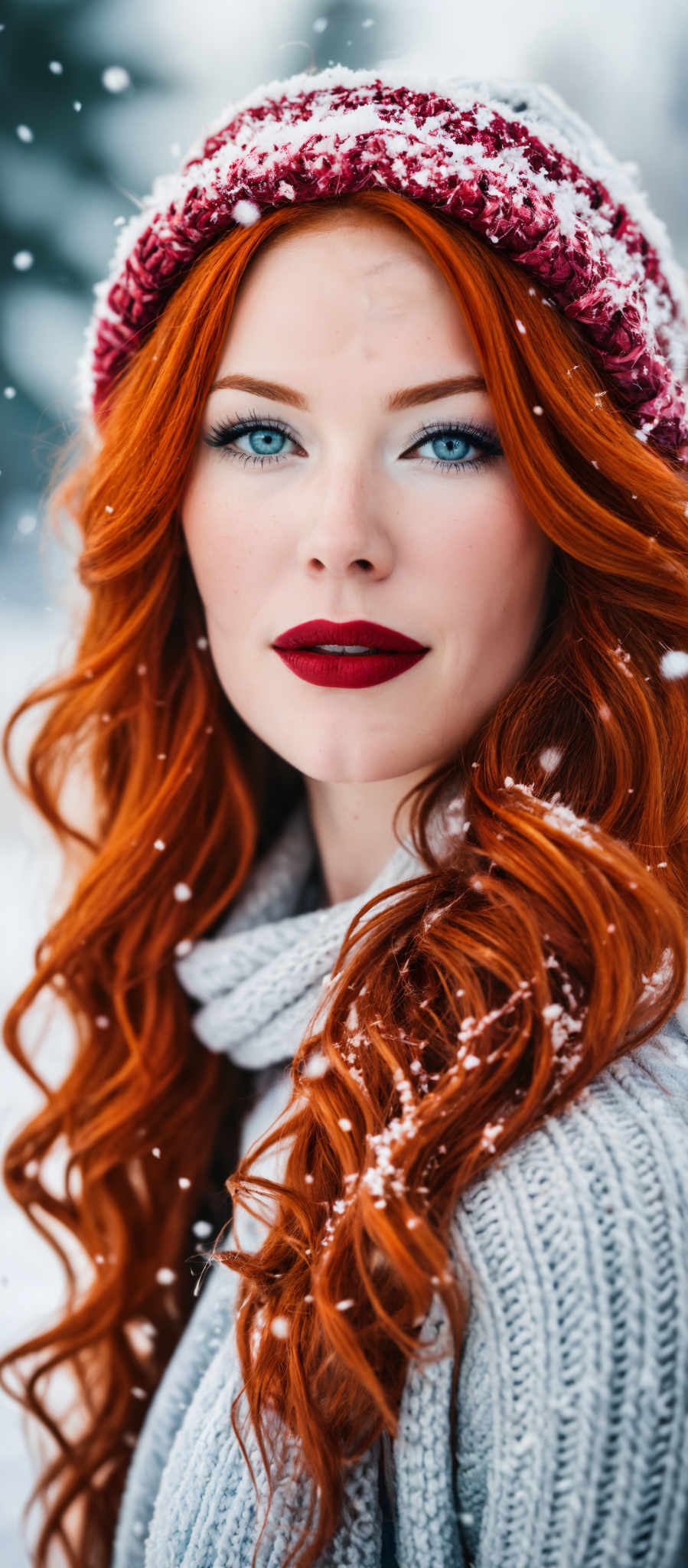 A woman with red hair and red lipstick.