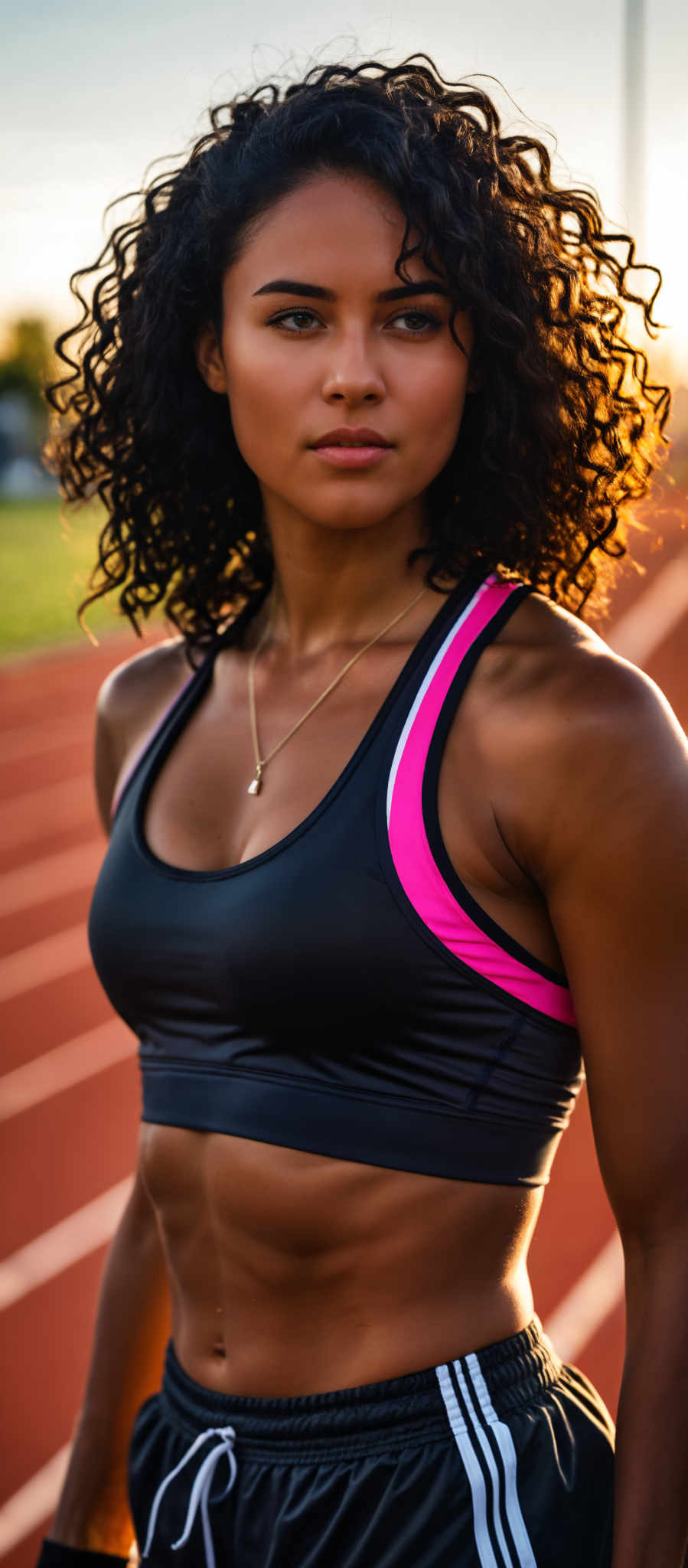 A woman wearing a black sports bra and a pink and black sports top.