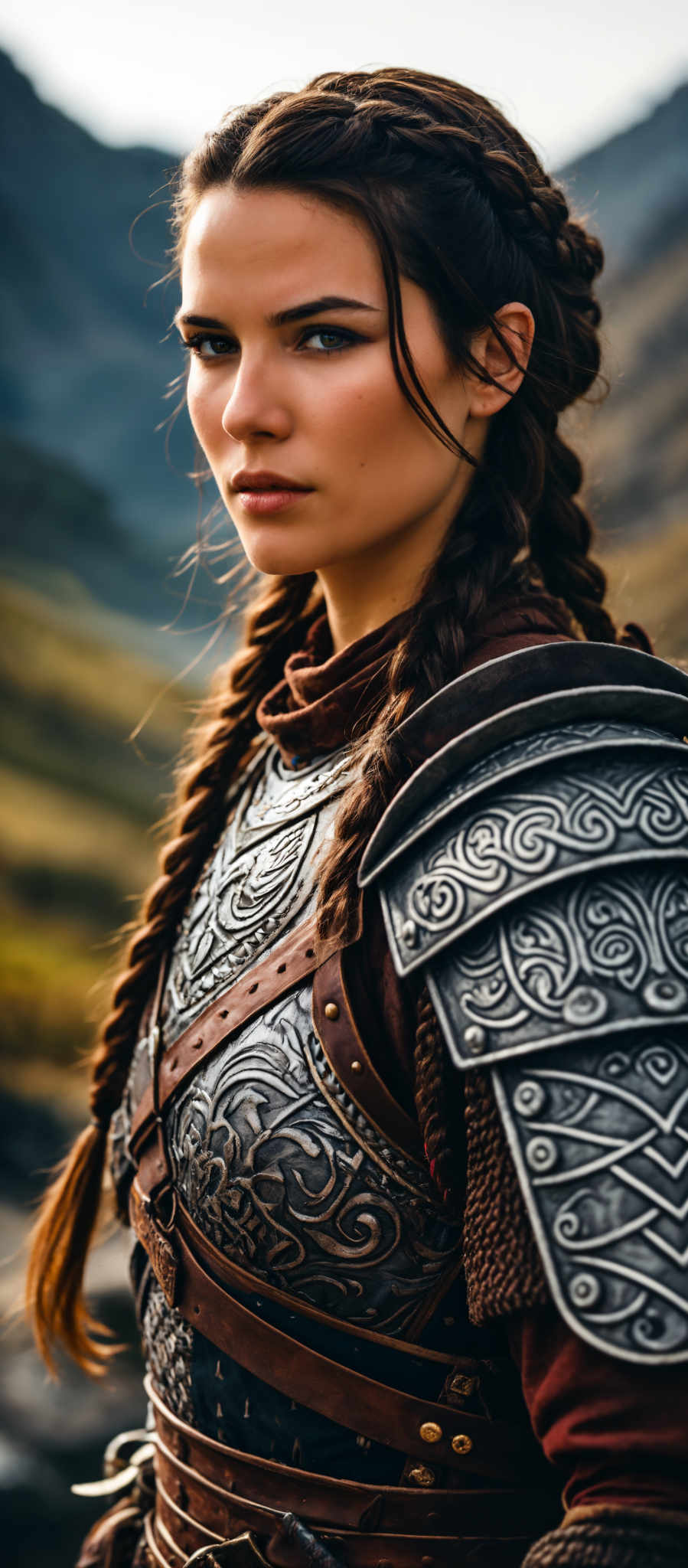 A woman with long brown hair is wearing a medieval armor. The armor is silver and brown and is adorned with intricate designs. The woman is looking off to the side her gaze focused on something out of frame. The background is a blurred landscape suggesting that the photo was taken outdoors. The image does not contain any text. The relative position of the woman to the background suggests she is the main subject of the photo. The colors in the image are predominantly silver and gold with some brown accents on the armor.