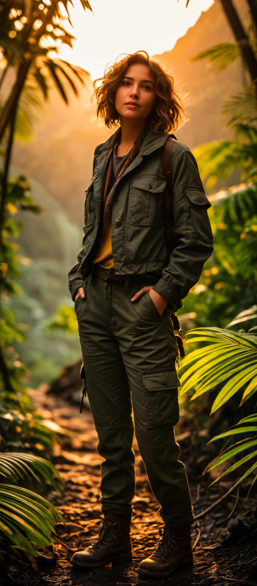 A man in a green jacket and yellow shirt stands in a jungle.