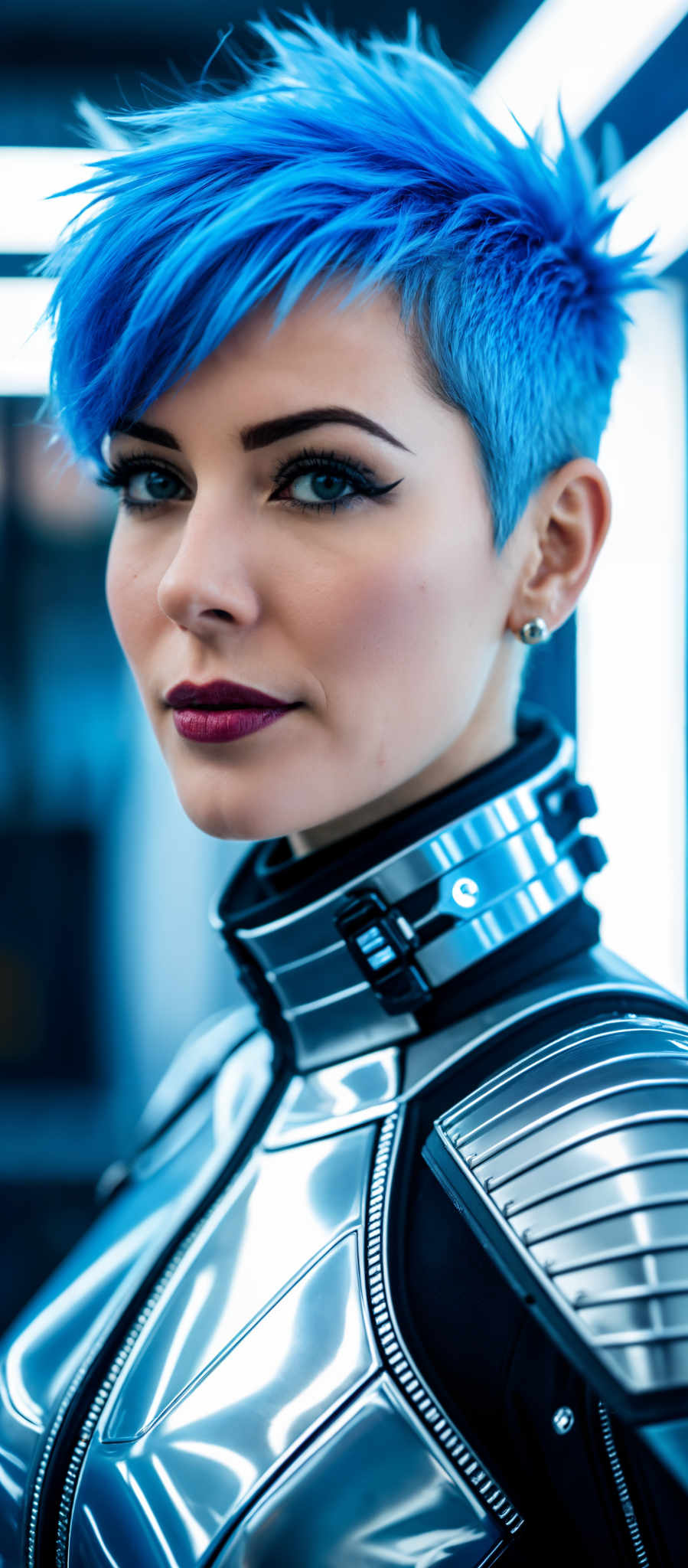 A woman with blue hair and a black and silver suit.