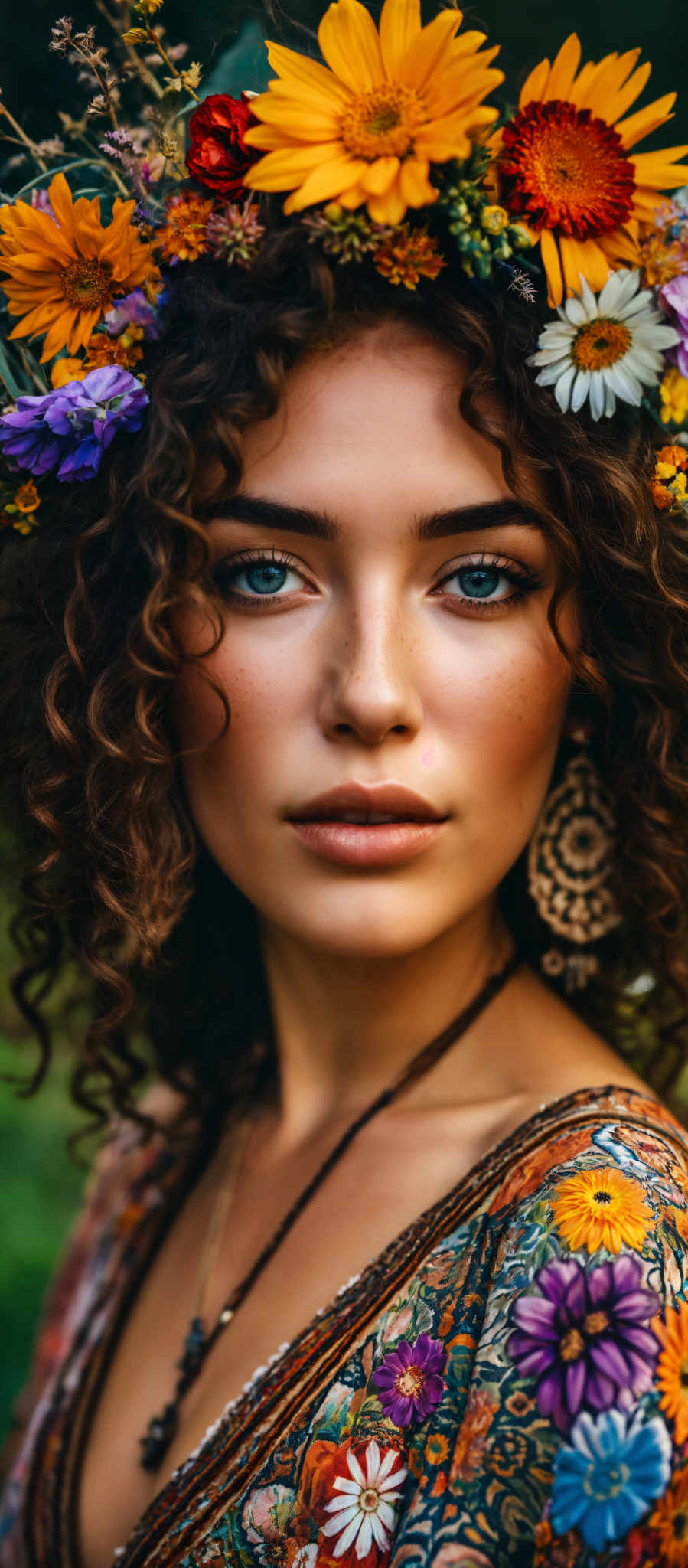 A woman with curly hair and blue eyes is wearing a necklace.