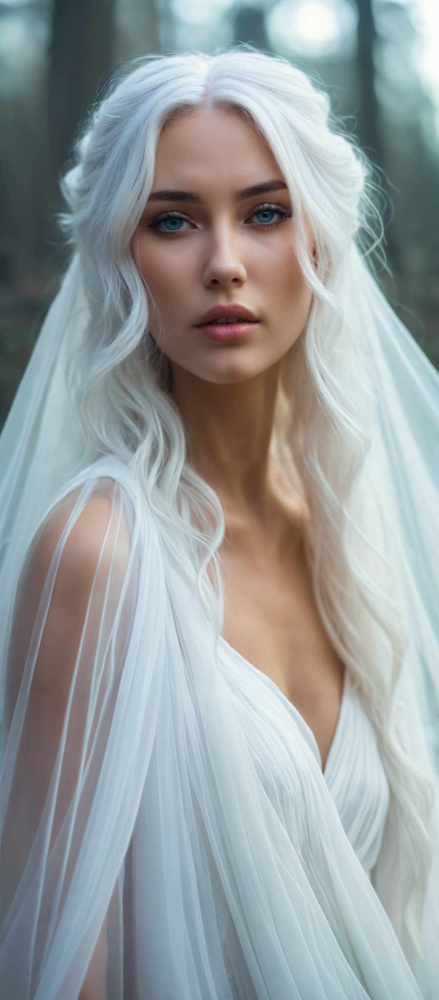 A woman with long white hair and a white veil on her head. She is wearing a white dress and looking off to the side.