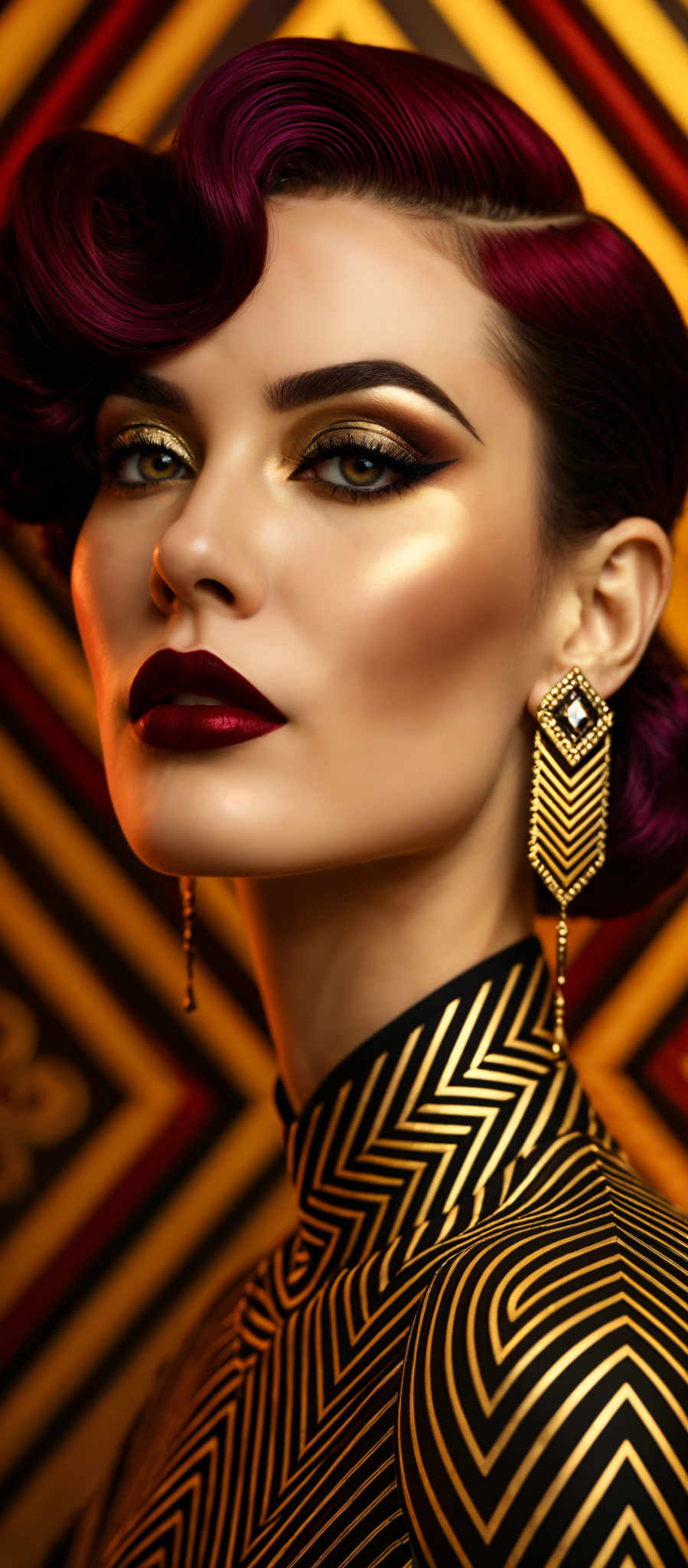 A woman with a red lipstick and gold eye shadow is wearing gold and black earrings.