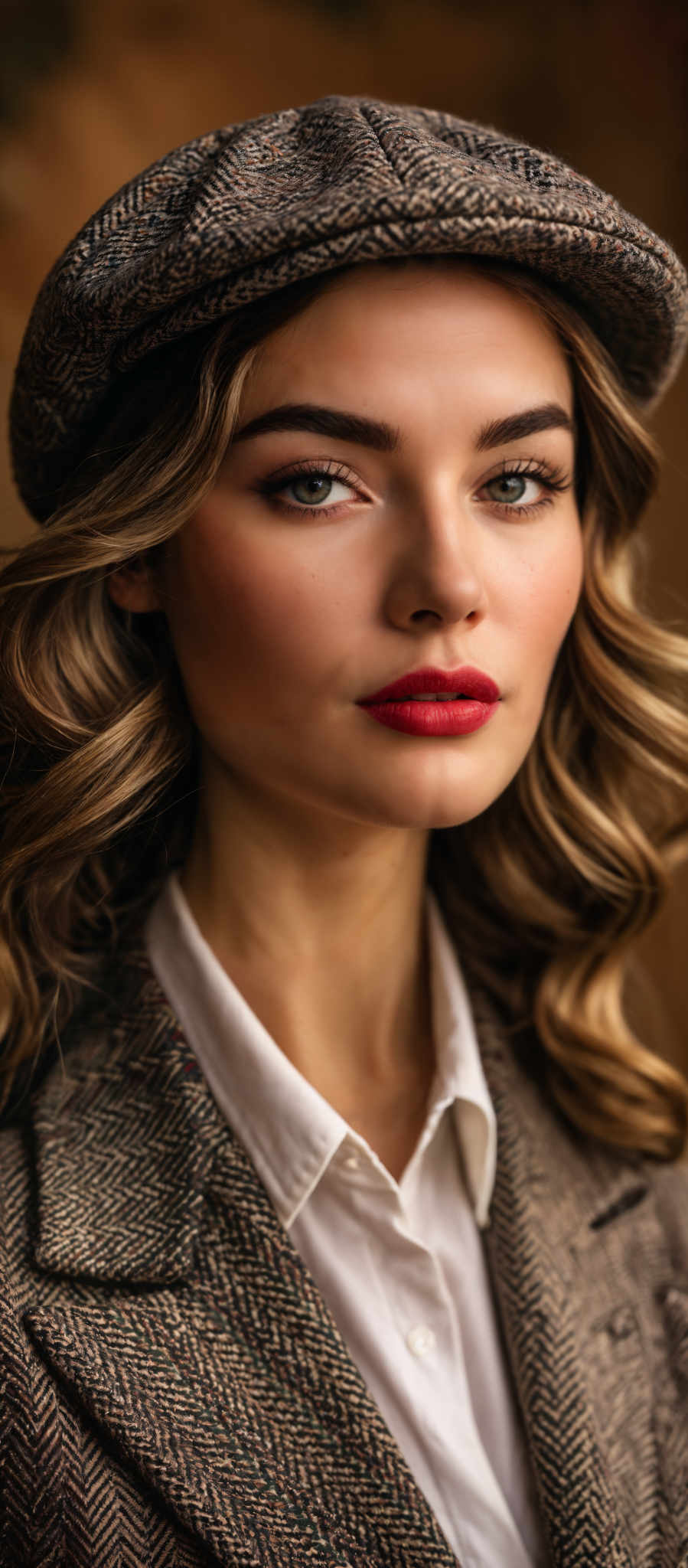 A woman with long blonde hair and red lipstick. She is wearing a white shirt and a tweed jacket.