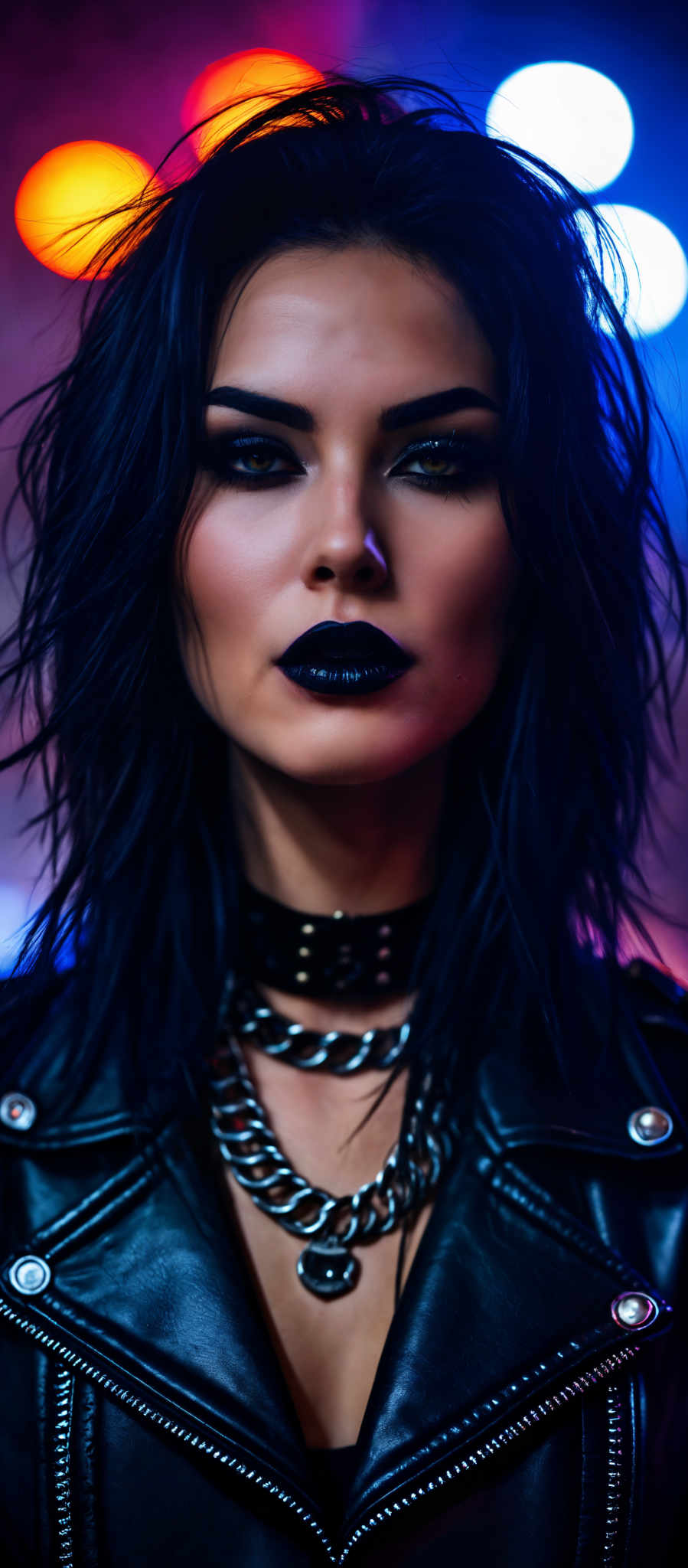 A woman with long black hair and bangs is wearing a black leather jacket. She has a black choker collar and a spiked choker around her neck. Her lips are painted black and she is wearing black eyeliner. The background is a dark purple color.