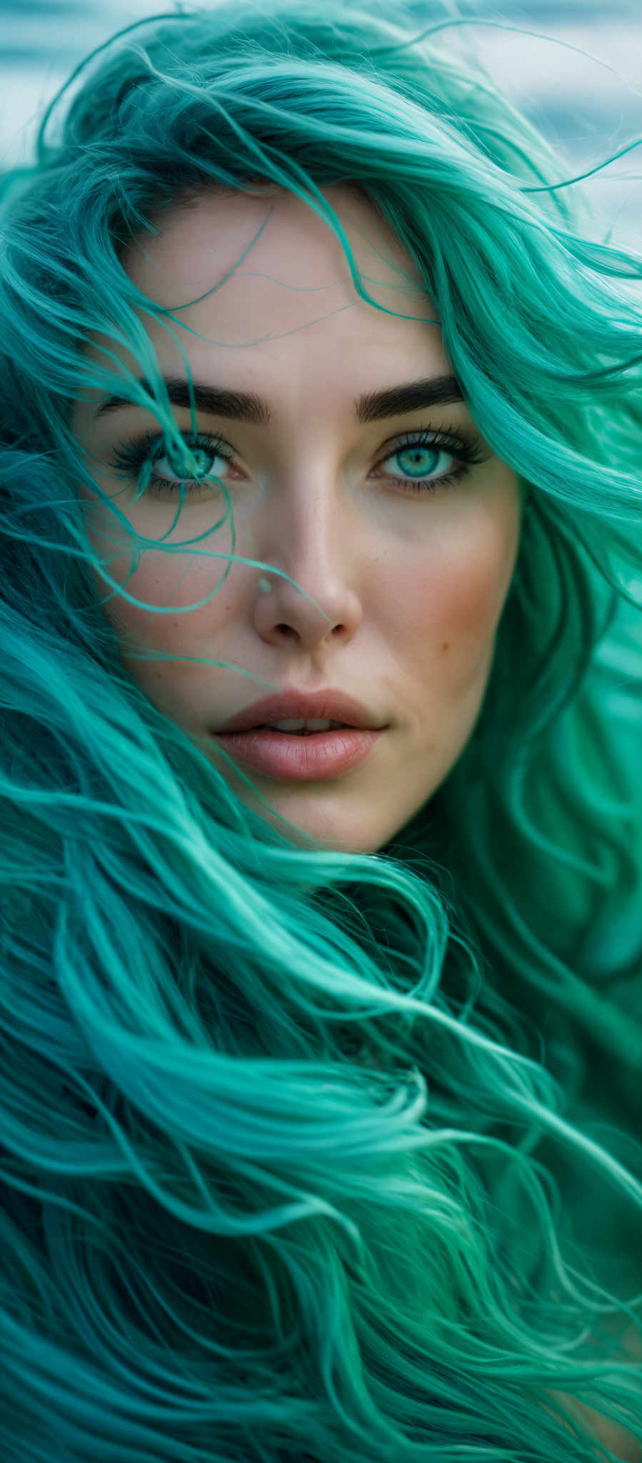 A woman with long blue hair and striking blue eyes.