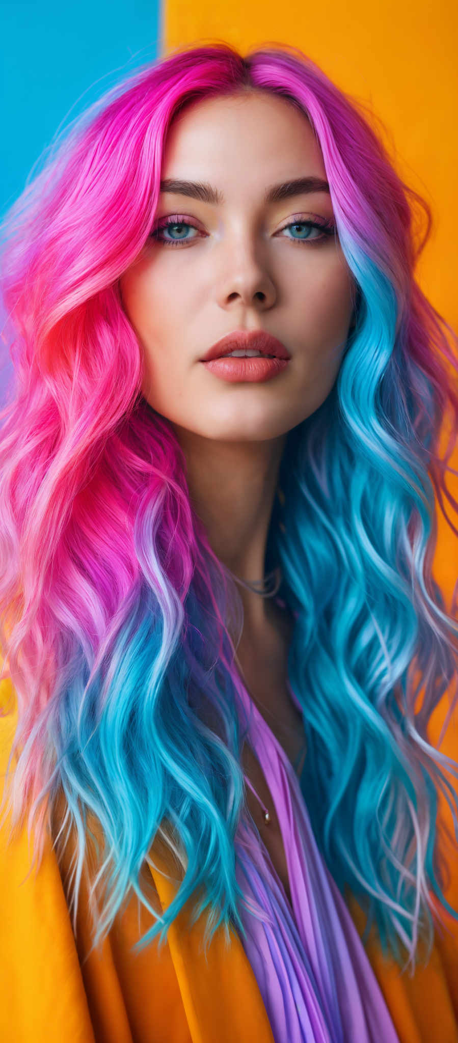 A woman with long curly hair that is dyed pink blue and purple.