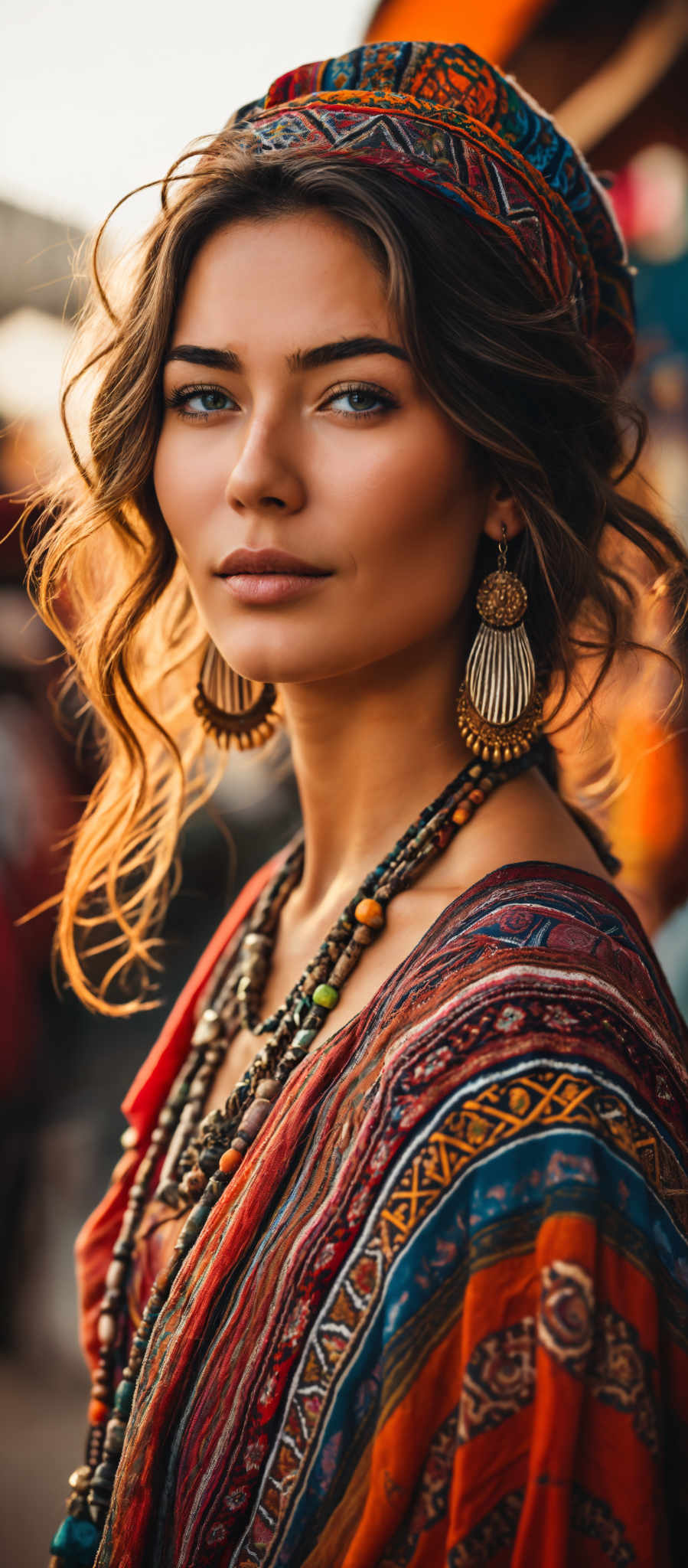 A woman with long brown hair and large hoop earrings. She is wearing a colorful scarf and a red top.