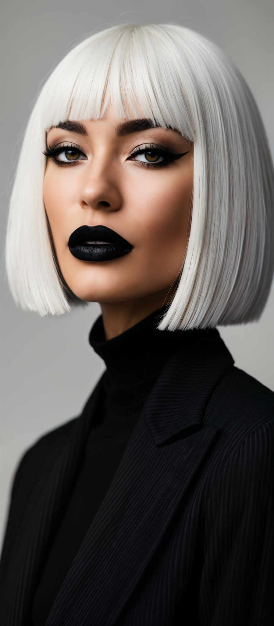 A woman with white hair and black lipstick.