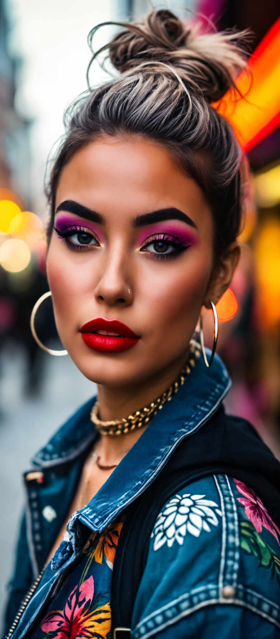 A woman with red lipstick and a gold necklace is wearing a denim jacket.