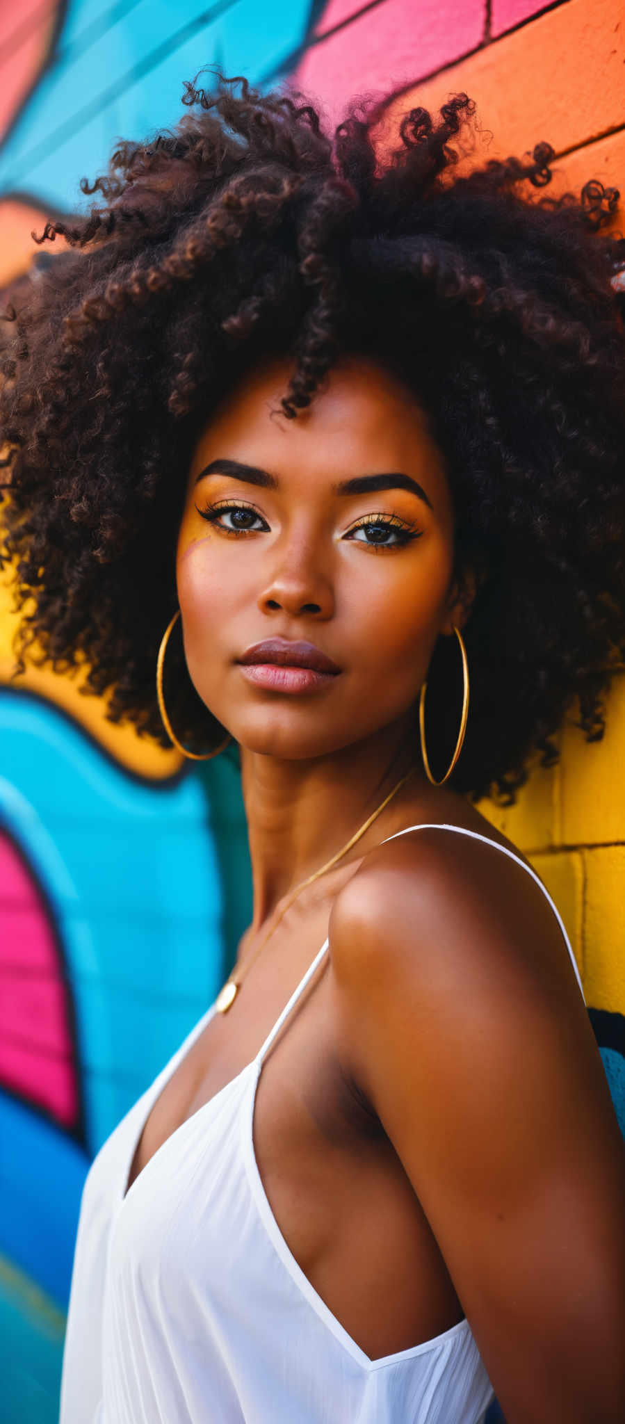 A woman with a gold necklace and large hoop earrings stands in front of a colorful wall.