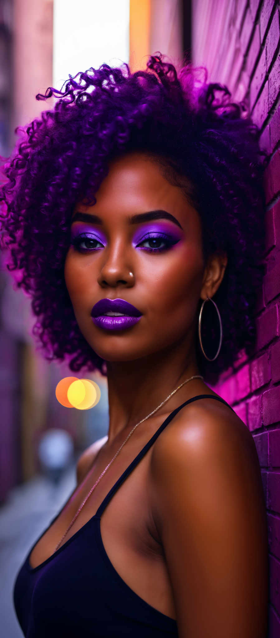 A woman with purple hair and makeup is standing in front of a brick wall. She is wearing a black tank top and has gold hoop earrings.