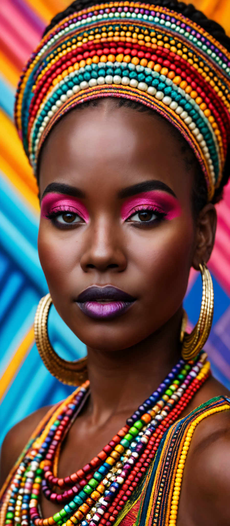 A woman with a colorful background and gold hoop earrings.