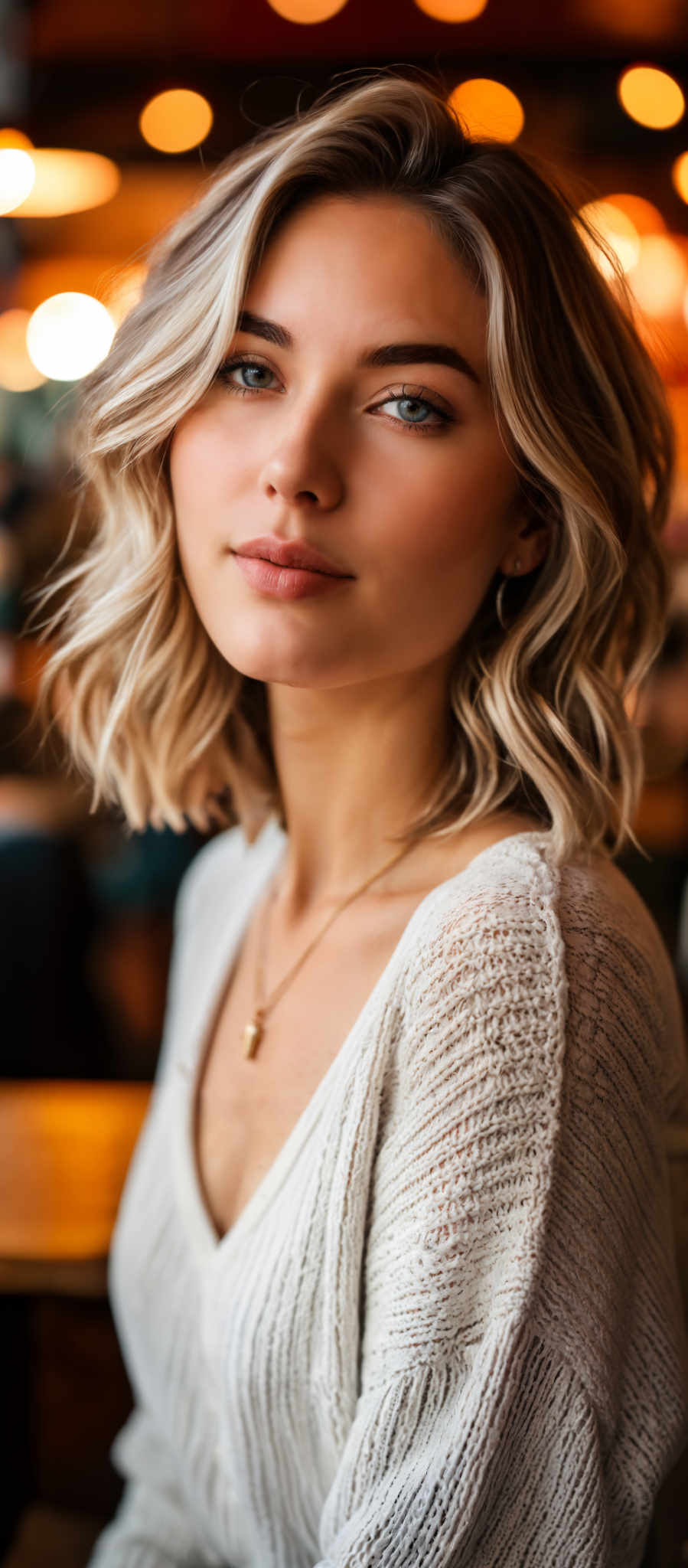 A blonde woman with a necklace on.