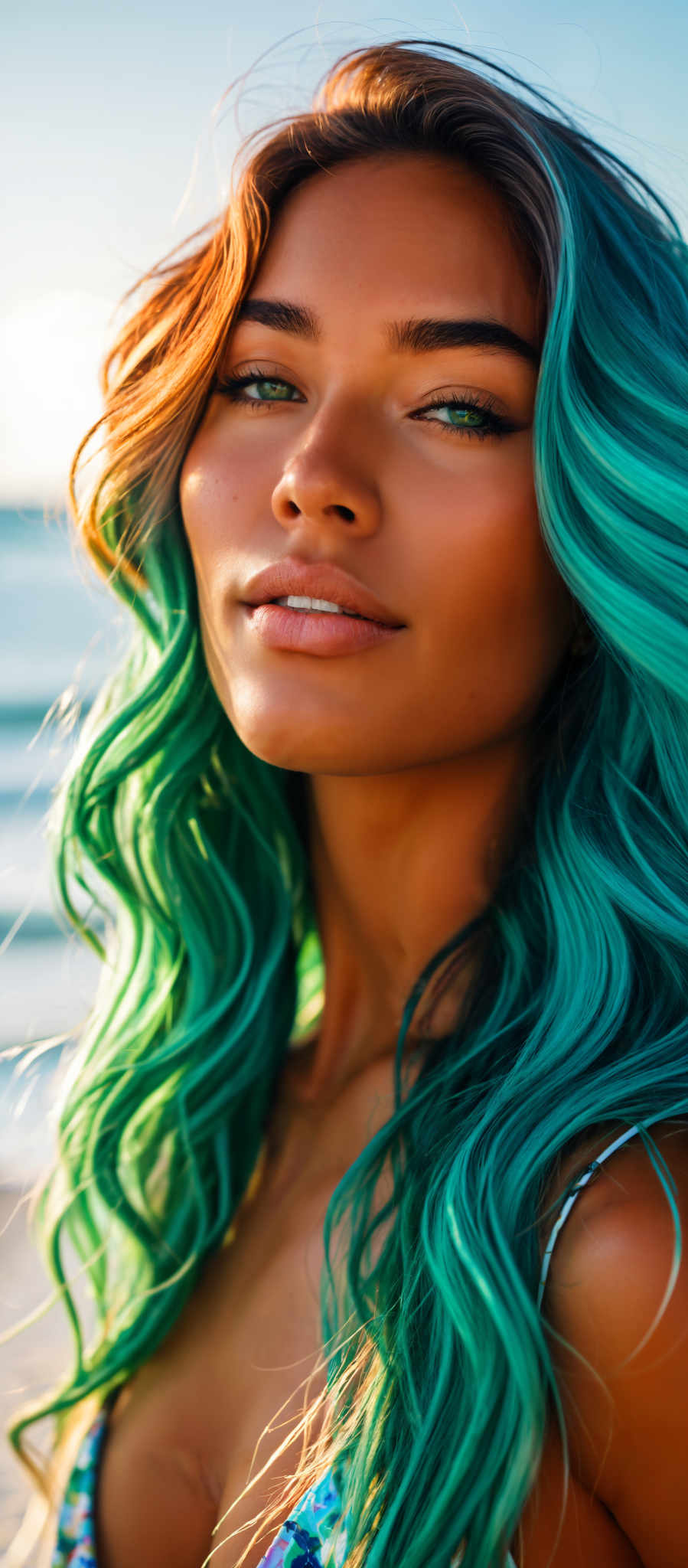 A woman with long green hair is captured in a close-up shot. Her hair cascades down her shoulders and she is looking off to the side her gaze directed towards something unseen. Her lips are slightly parted and her tongue is visible adding a touch of intrigue to the image.

The background is a blurred image of a beach with the sandy shore and the water visible in the distance. The woman's vibrant green hair stands out against the more muted colors of the beach creating a striking contrast. The image captures a moment of solitude and introspection as the woman seems lost in thought amidst the serene beach setting.