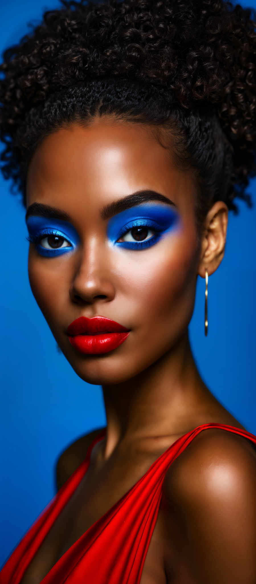 A woman with blue eye shadow and red lipstick.