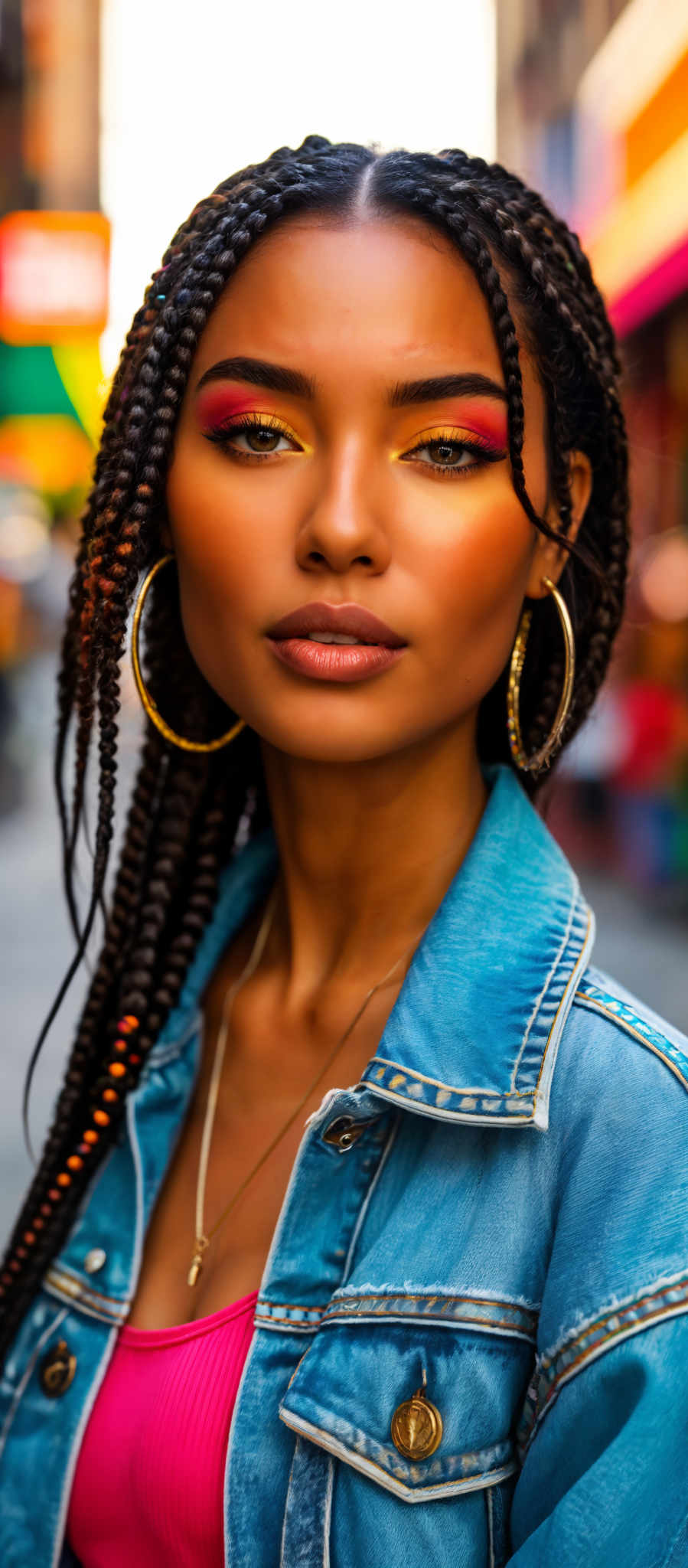 A woman with a blue denim jacket and gold hoop earrings.