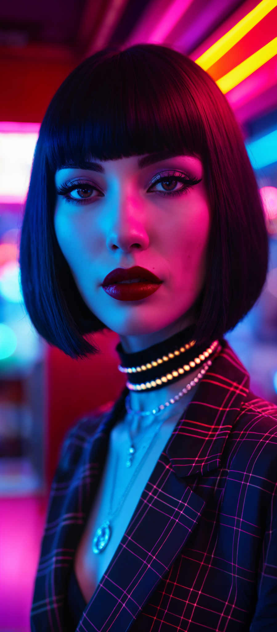 A woman with a short black bob haircut and red lipstick. She is wearing a black and red plaid jacket a black choker necklace and a black collar.