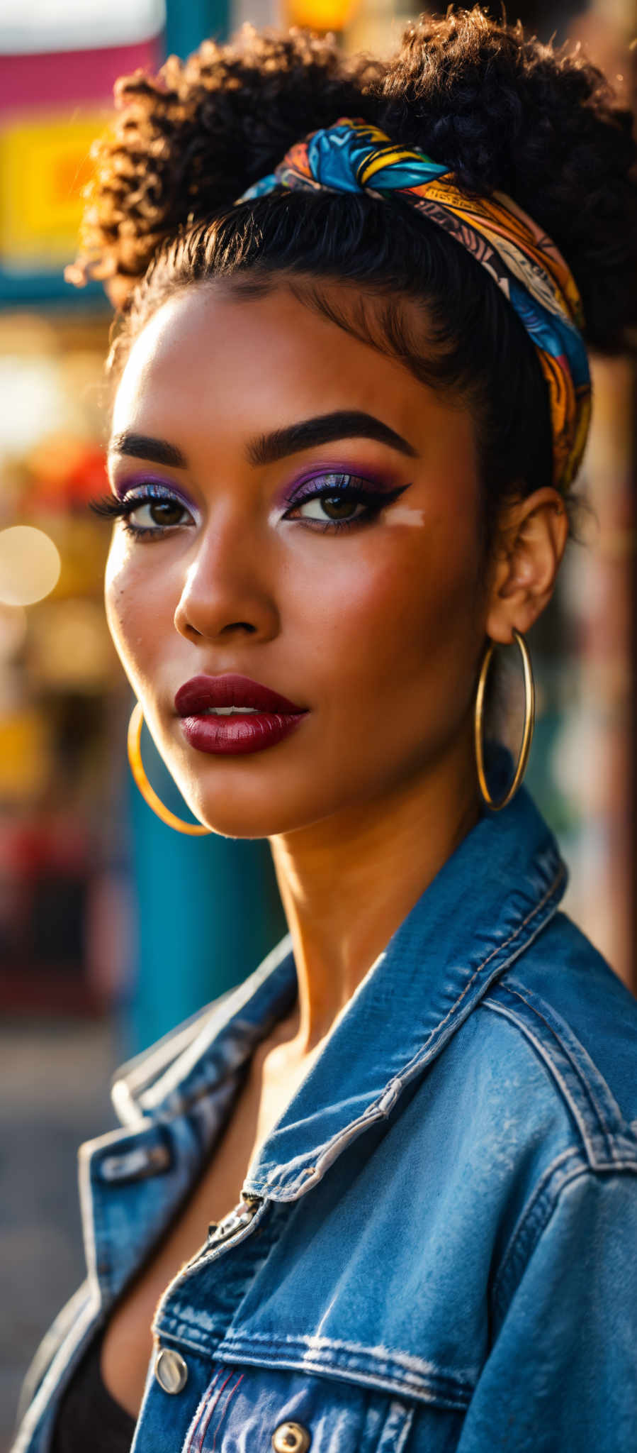 A woman with a purple eyeshadow and red lipstick. She is wearing a denim jacket.