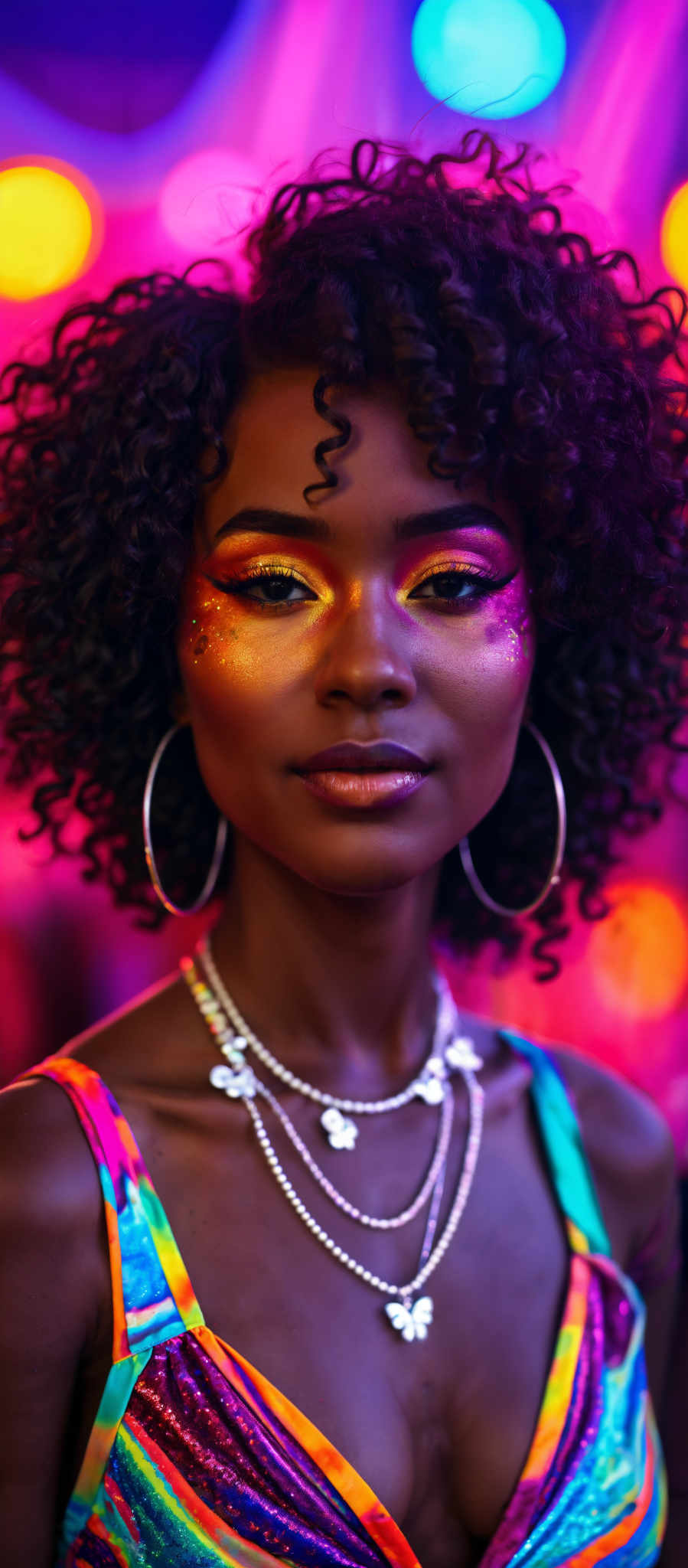 A woman with a colorful makeup look and a beaded necklace.