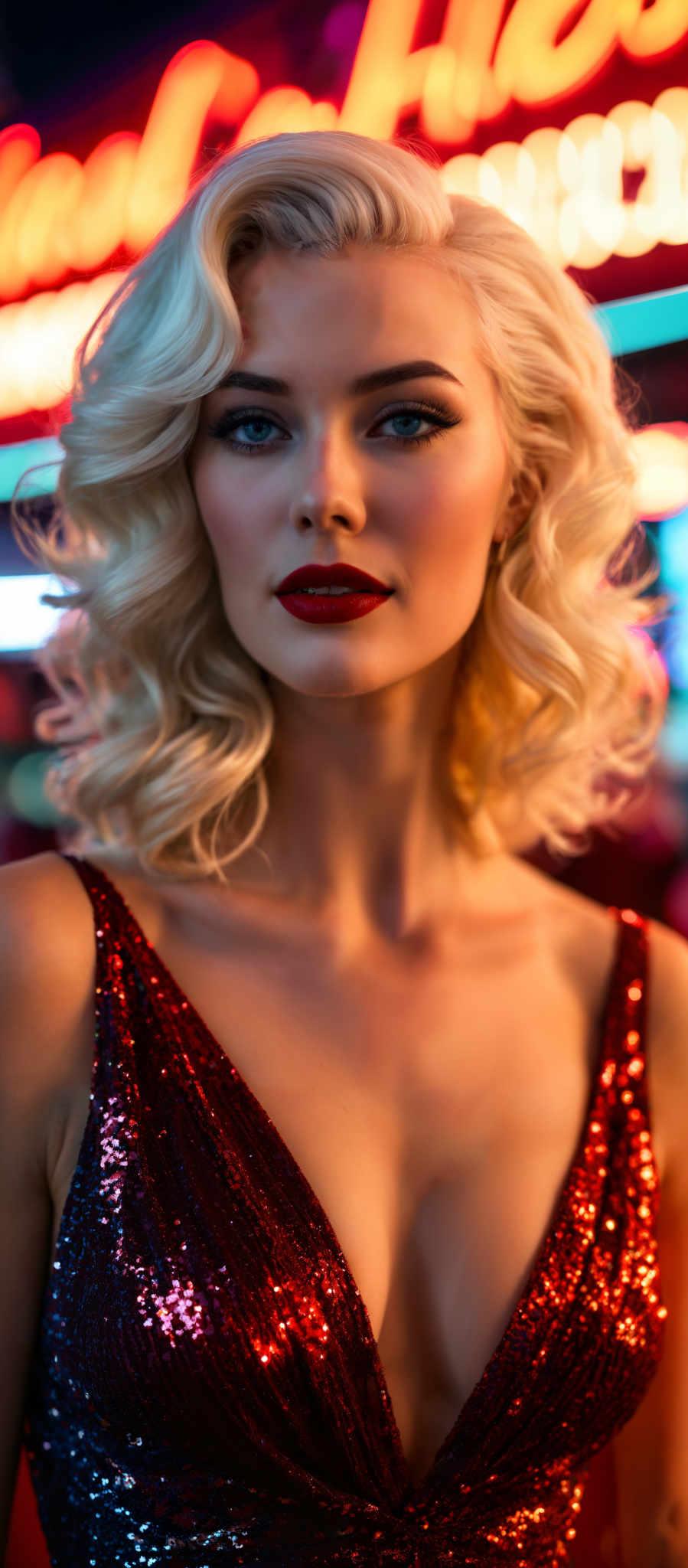 A blonde woman with red lipstick and a red sequin dress.