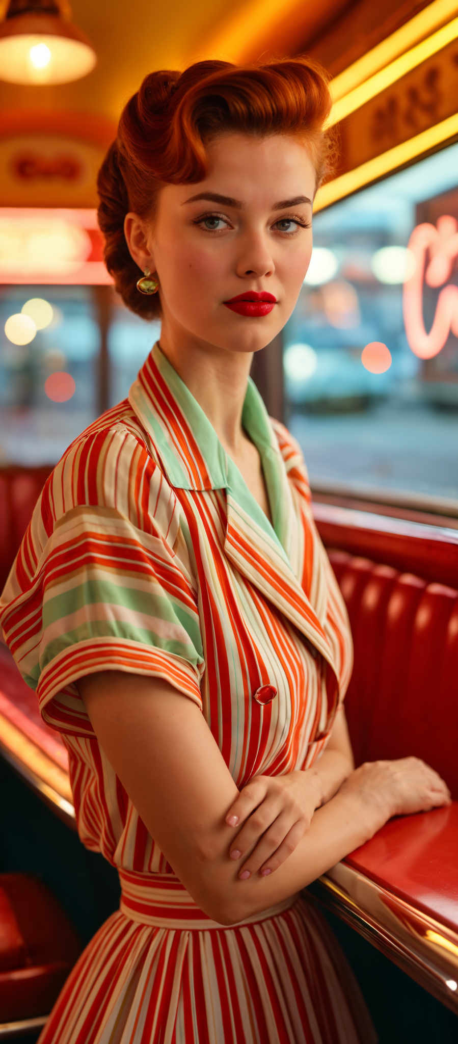 A woman in a striped dress with a red lipstick.