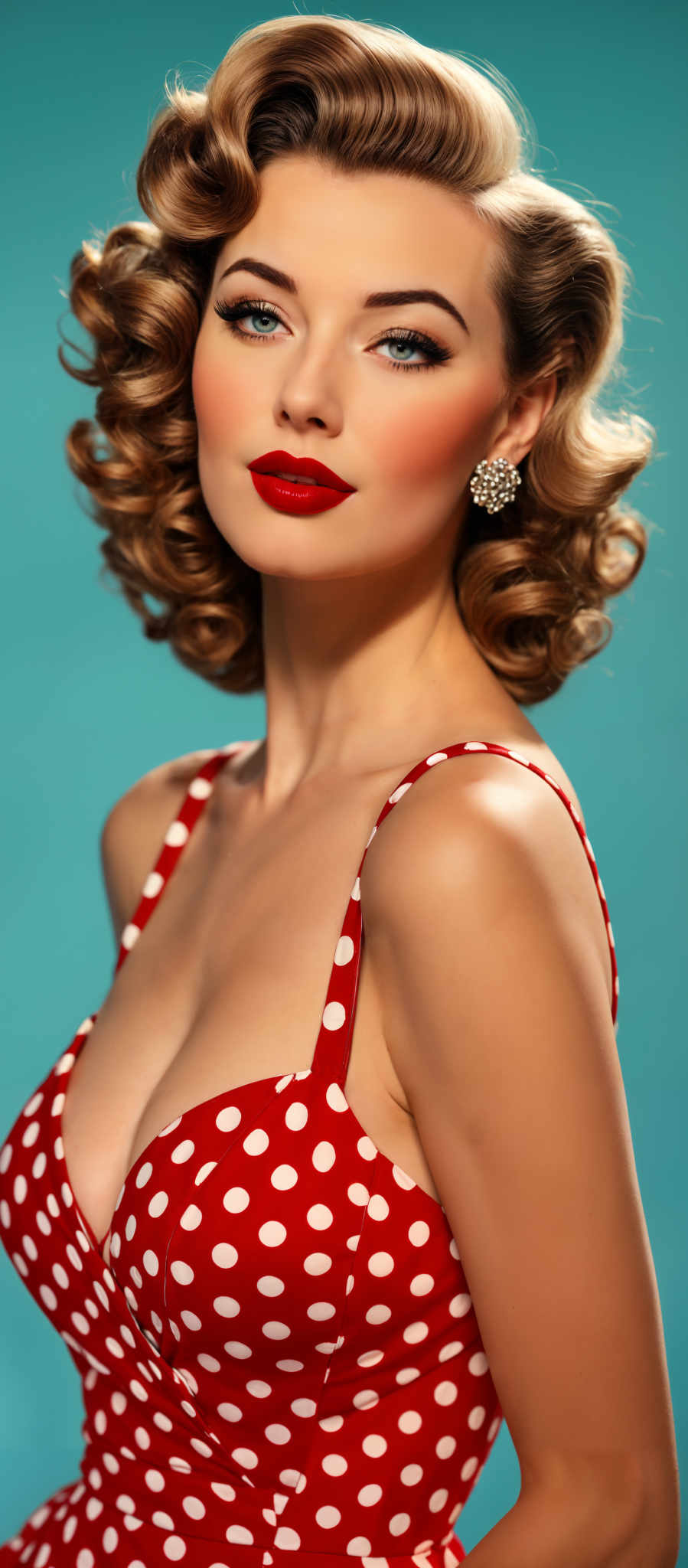 A woman with blonde hair and red lipstick is wearing a red and white polka dot dress.