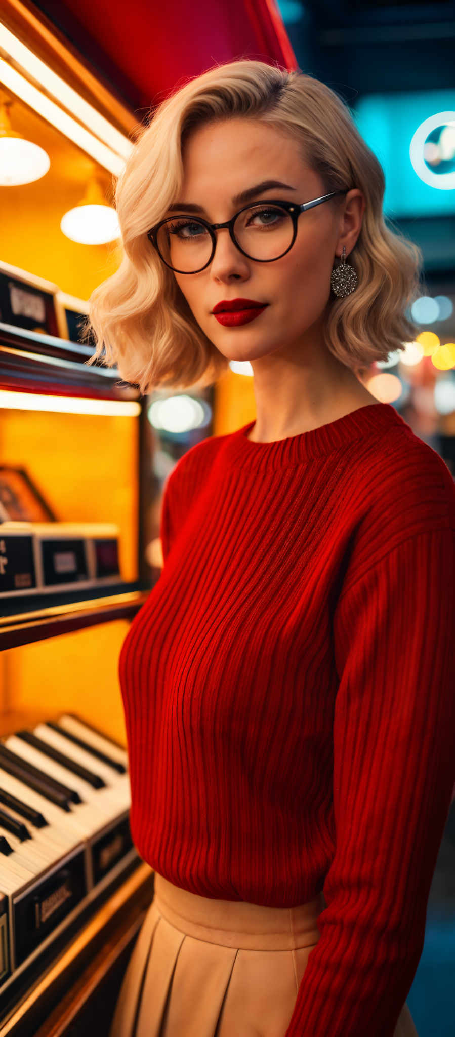 A blonde woman wearing a red sweater.