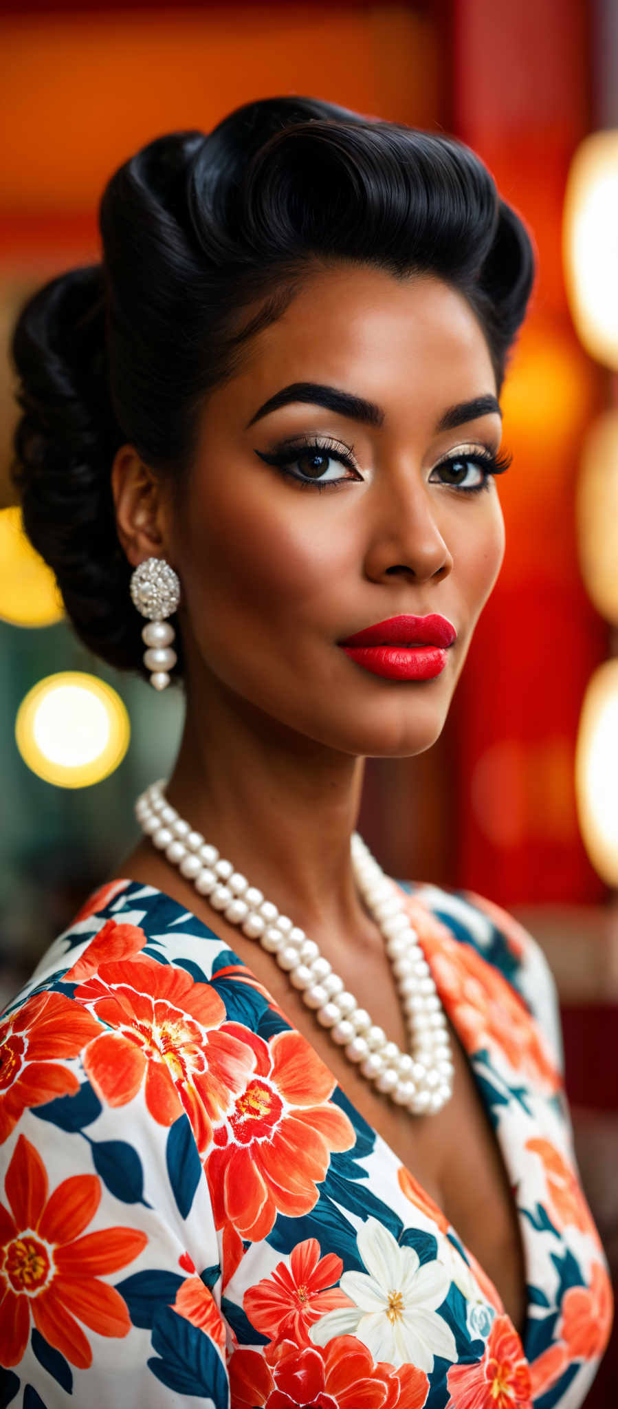 A woman wearing a pearl necklace and earrings.