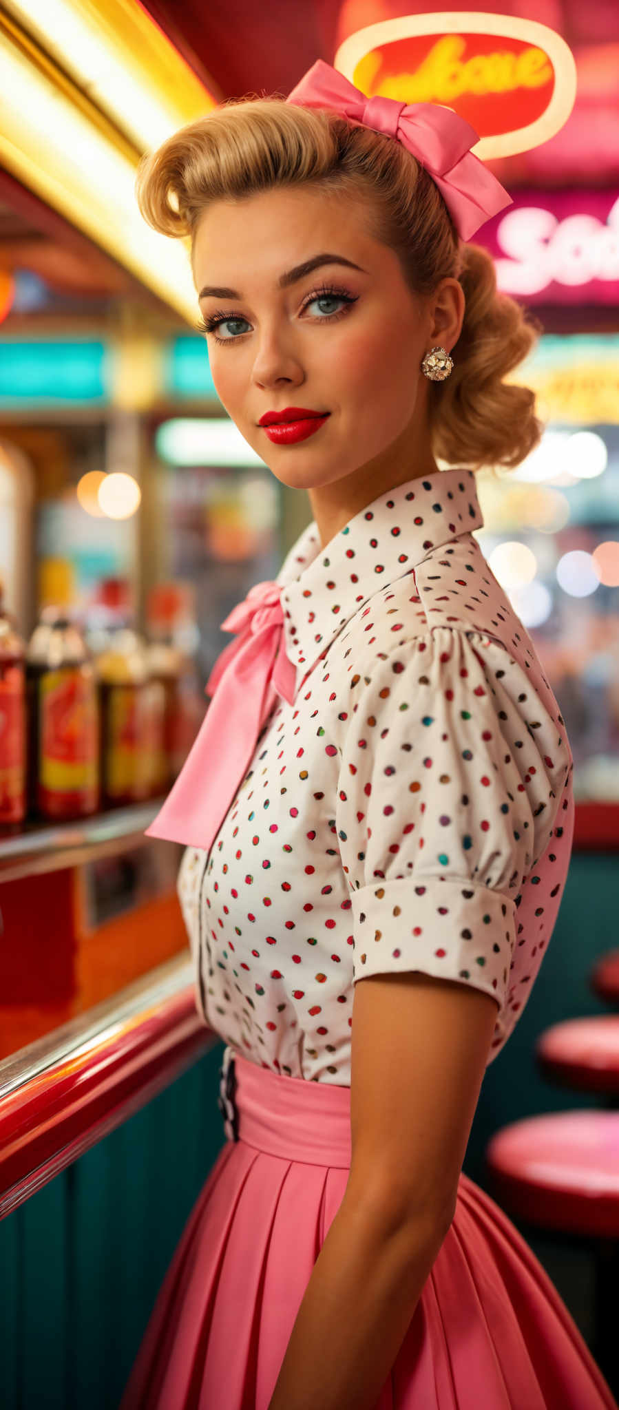 A woman wearing a white polka dot blouse with a pink bow on the collar.