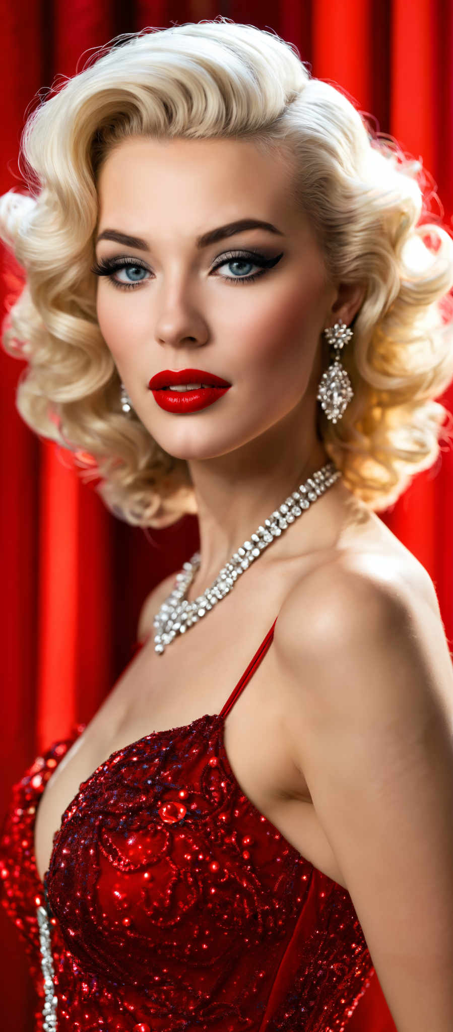 A blonde woman wearing a red dress and a silver necklace.