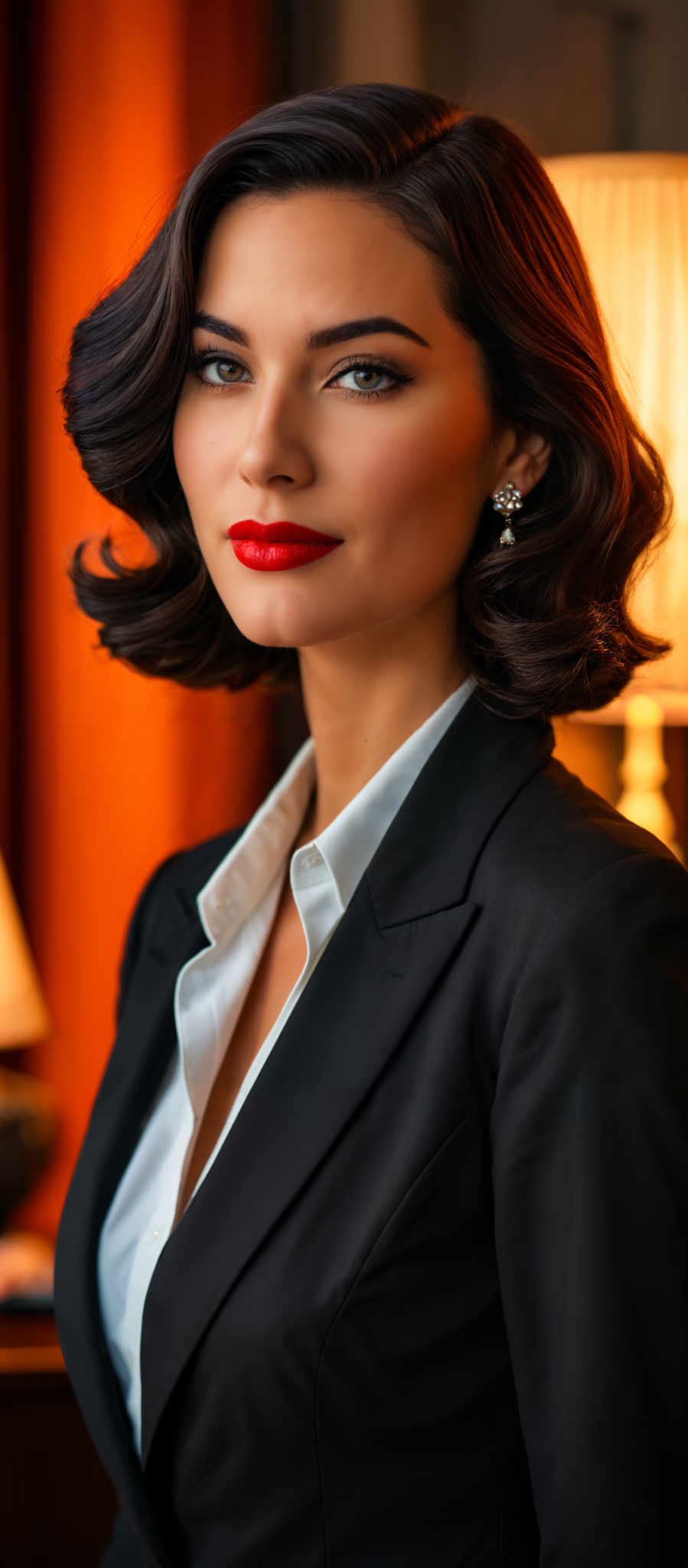 A woman with red lipstick and a black suit.