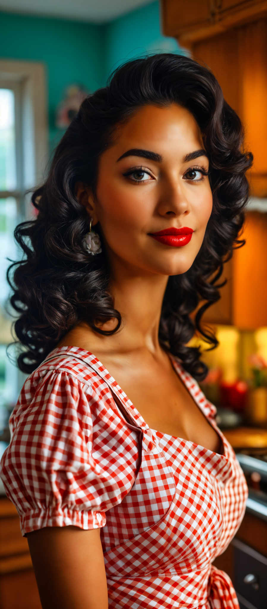 A woman with long dark hair and red lipstick. She is wearing a red and white checkered shirt.