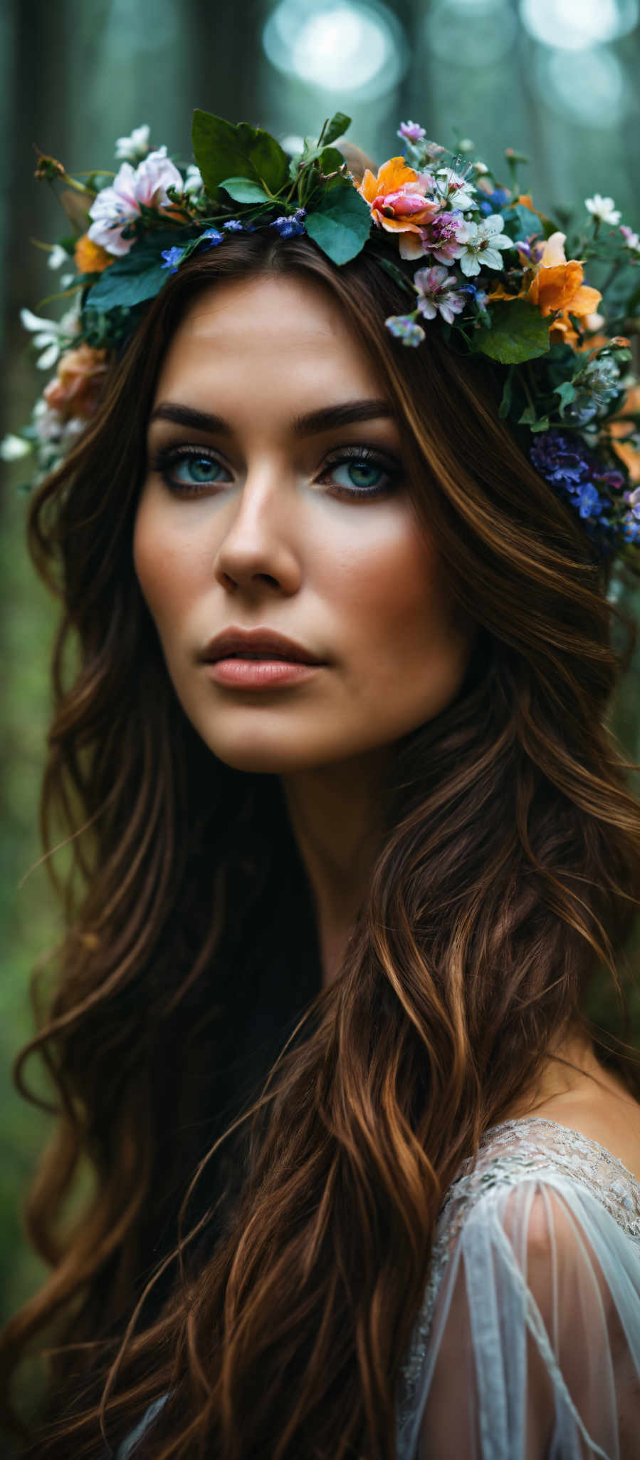 A woman with long brown hair and a flower crown.