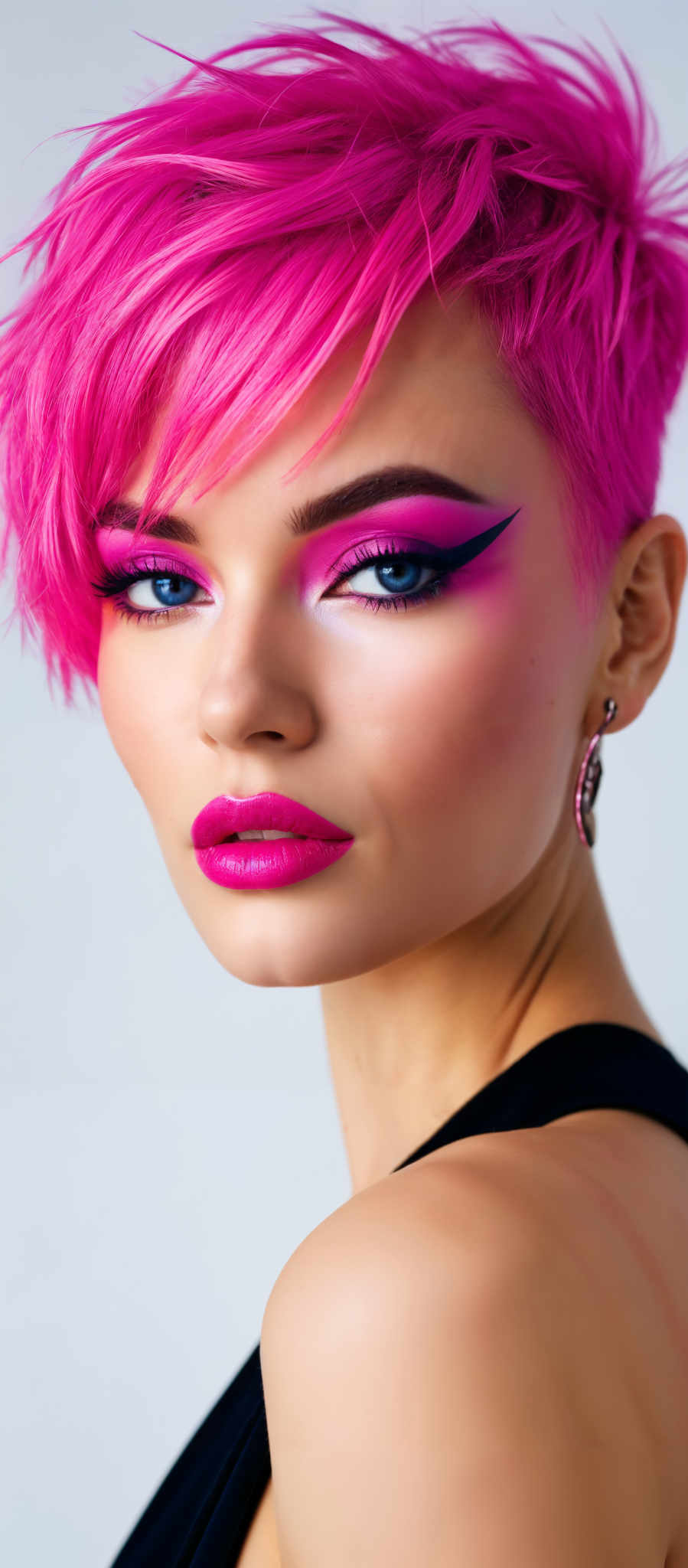 A woman with pink hair and pink lipstick.