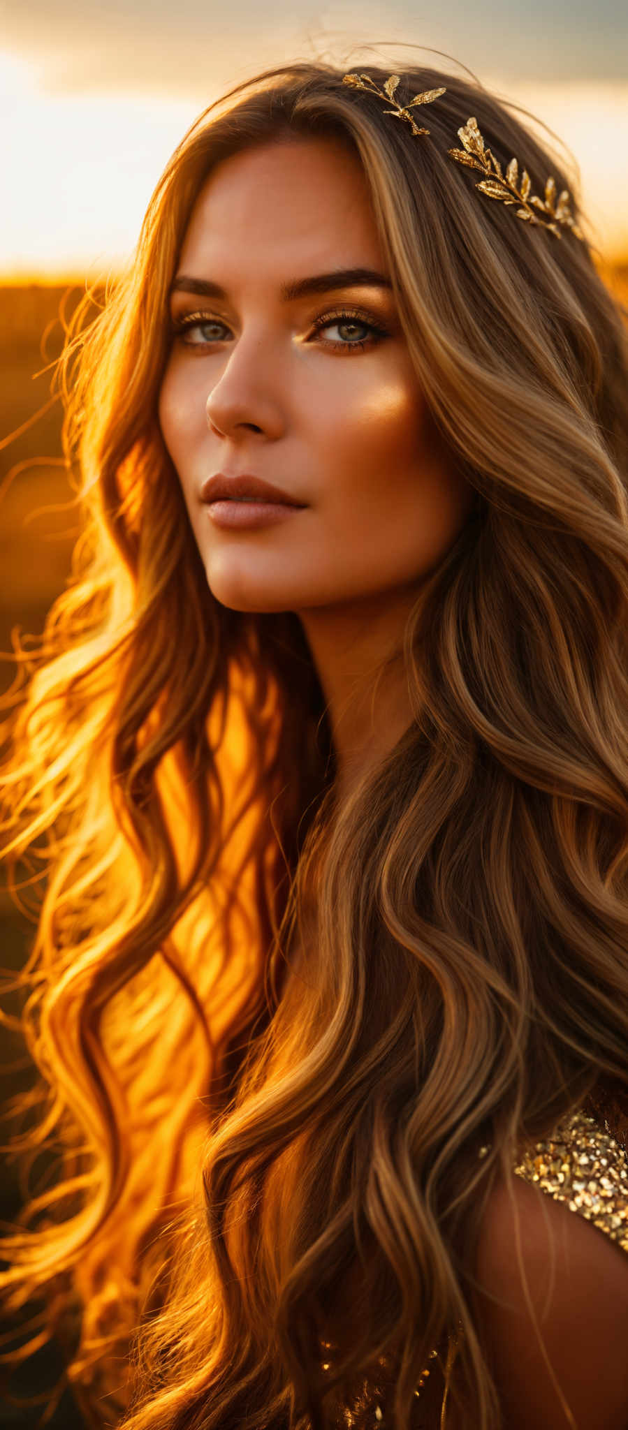 A woman with long blonde hair is captured in a close-up shot. Her hair styled in loose waves cascades down her shoulders catching the light and glowing with a warm orange hue. The background is blurred drawing focus to her face and hair. Her gaze is directed off to the side adding a sense of intrigue to the image.

The woman's face is partially obscured by her hair which is styled in a loose flowing manner. The light orange color of her hair contrasts beautifully with her skin tone creating a striking visual effect. The image captures a moment of quiet introspection with the woman's gaze directed away from the camera adding an air of mystery to the scene. The overall composition of the photo suggests a sense movement and life with her hair appearing to dance in the light. The blurred background further emphasizes the woman making her the undeniable focal point of the photograph.