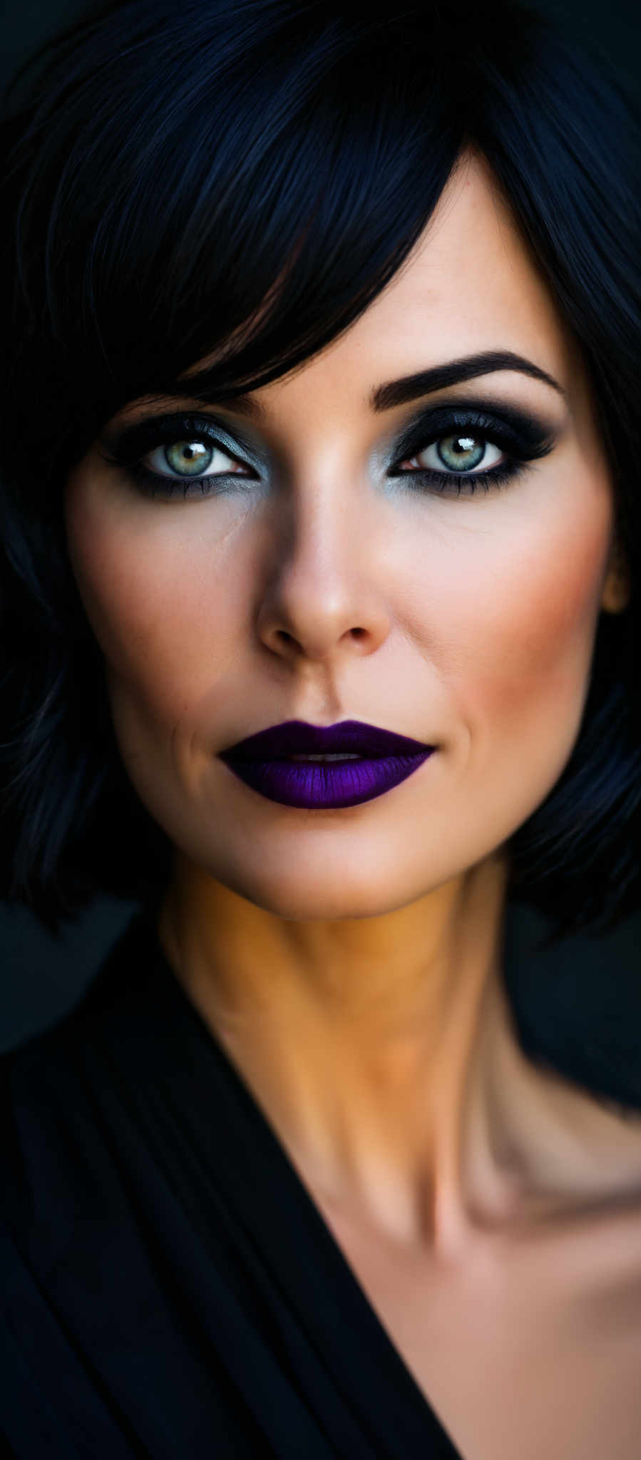 A woman with a black top and dark hair is wearing a bold purple lipstick.