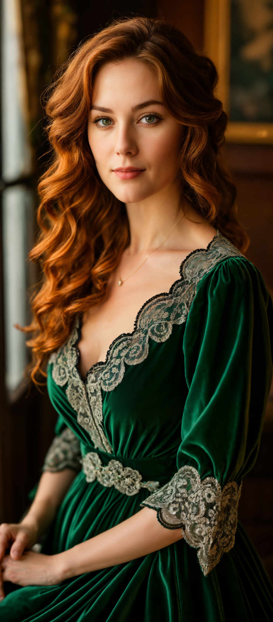 A woman with long red hair is wearing a green dress.