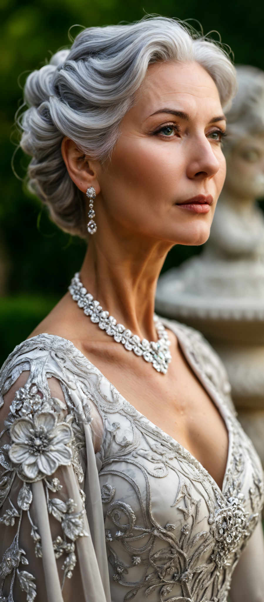 A woman wearing a silver necklace and earrings.