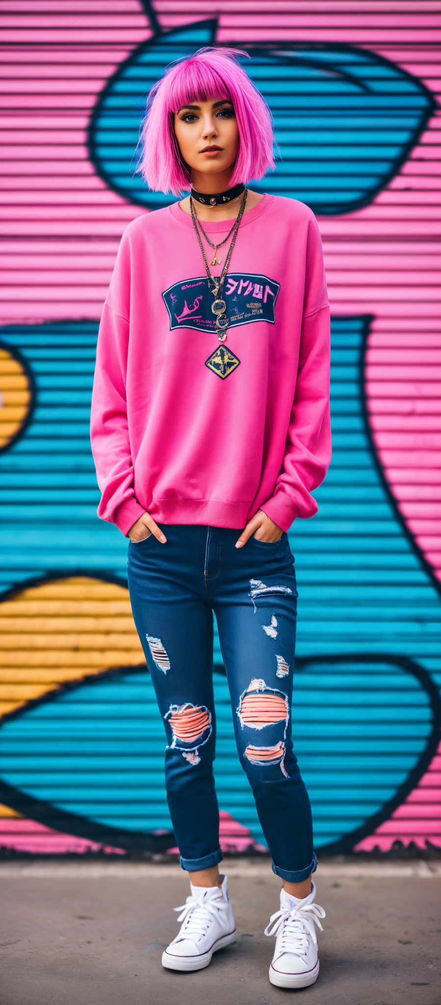 A woman wearing a pink sweatshirt with Japanese writing on it. The sweatshirt has a diamond-shaped patch on the front. She is also wearing ripped jeans. The background is a colorful wall with graffiti on it including a blue and yellow wave.