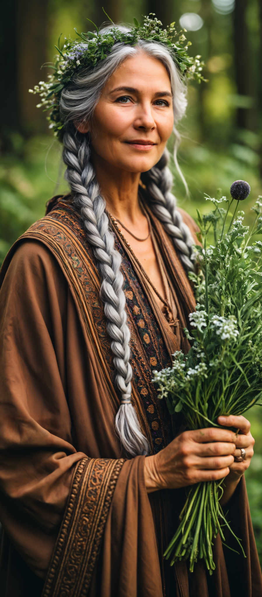 A woman with a long braid and a brown dress holding a bouquet of flowers.