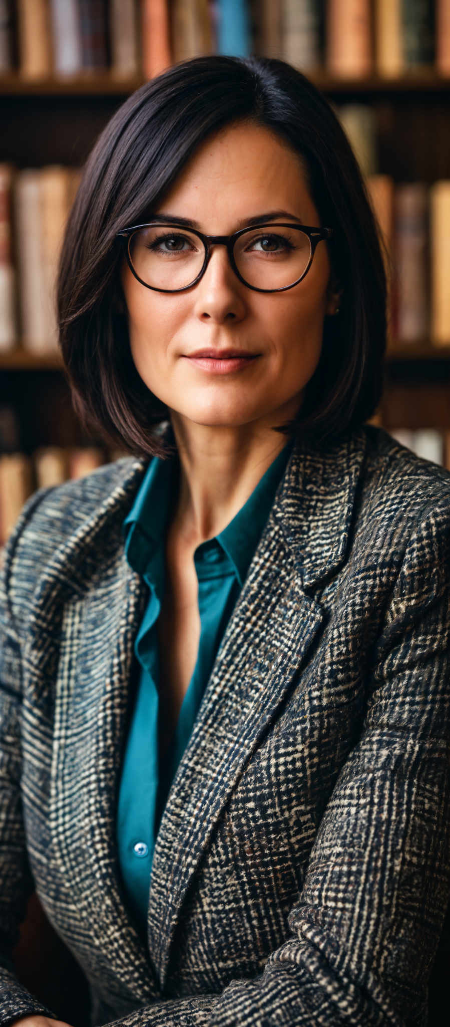 A woman wearing glasses and a blue shirt is standing in front of a bookshelf.