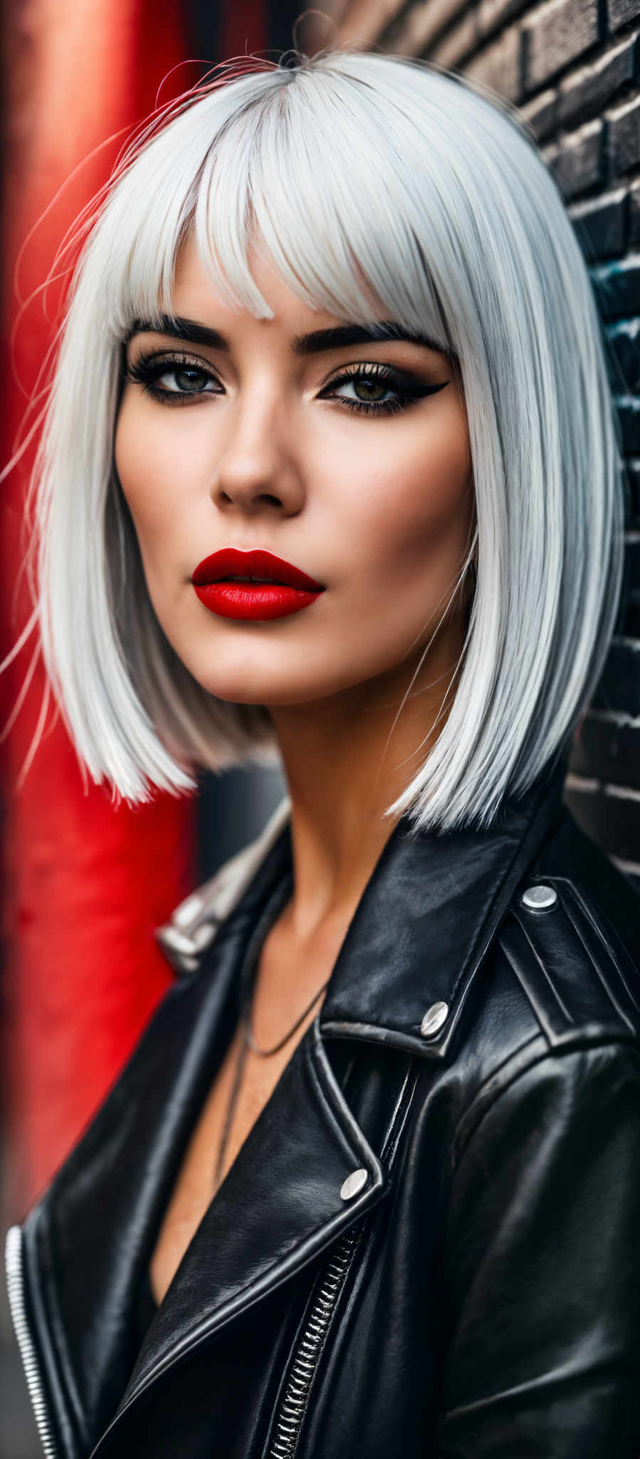 A woman with blonde hair and red lipstick is wearing a black leather jacket.