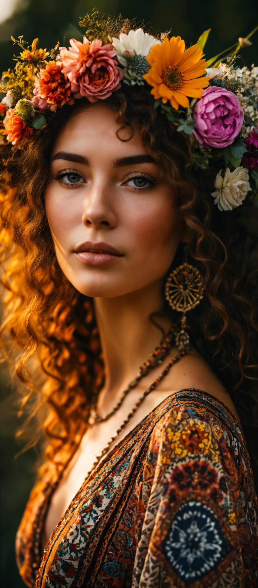 A woman with long curly hair and a flower in her hair. She is wearing a colorful dress and large earrings.